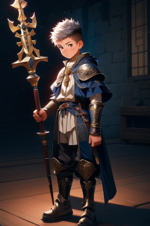 Unity 8k wallpaper, Ultra detailed, Beautiful and aesthetic, Masterpiece, Best quality, Extremely detailed, Realistic, 1boy, wizard, Short spiked hair, crew cut hair, Cute, Young, Asian, Japanese role-playing game style, medieval, full body, a long holy staff, 