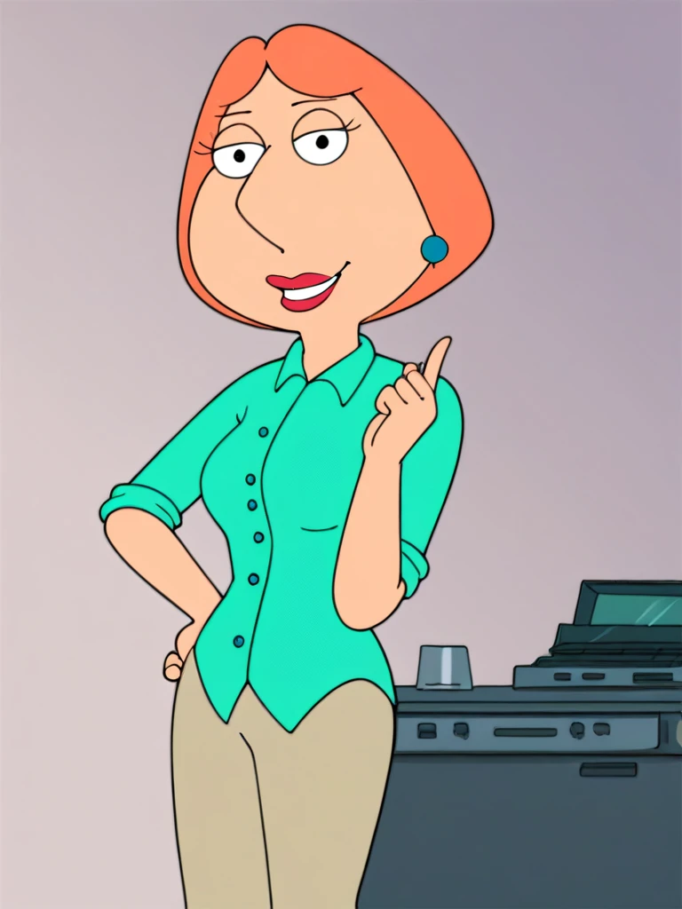 score_9, score_8_up, score_7_up, score_6_up, score_5_up, score_4_up,lois, dot pupils, 1girl, blue earrings, jewelry, short hair, solo, lipstick, makeup, orange hair, aqua shirt, beige pants, breasts, flat color, smile,looking at viewer, hand on own hip,