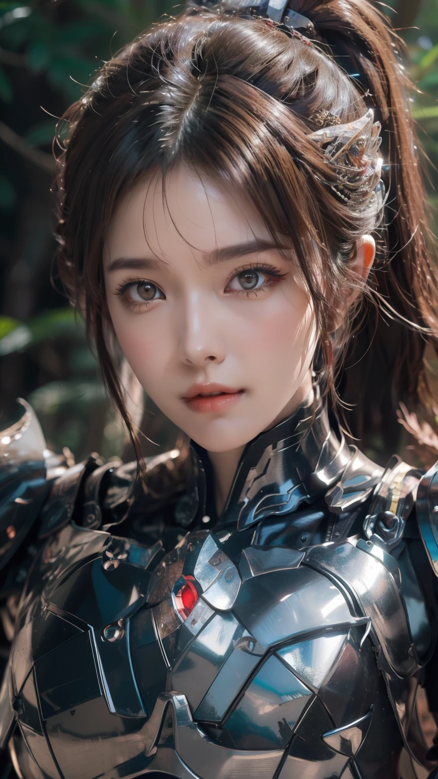 (Realistic lighting, highest quality, 8k, masterpiece: 1.3, Detailed face)), Clear focus: 1.2, Complex 3D rendering ultra detailed beautiful girl, a sserafimsakura, Perfect Eyes, Beautiful Face, ponytail, Mid-chest, In-person audience, (Ultra-realistic:1.5), (Standing in the forest:1.2), (Close-up photo:1.5), ((Black Paladin Carved Armor:1.2)), (Complex:1.2), (looking at the camera:1.2), (highest quality:1.2),