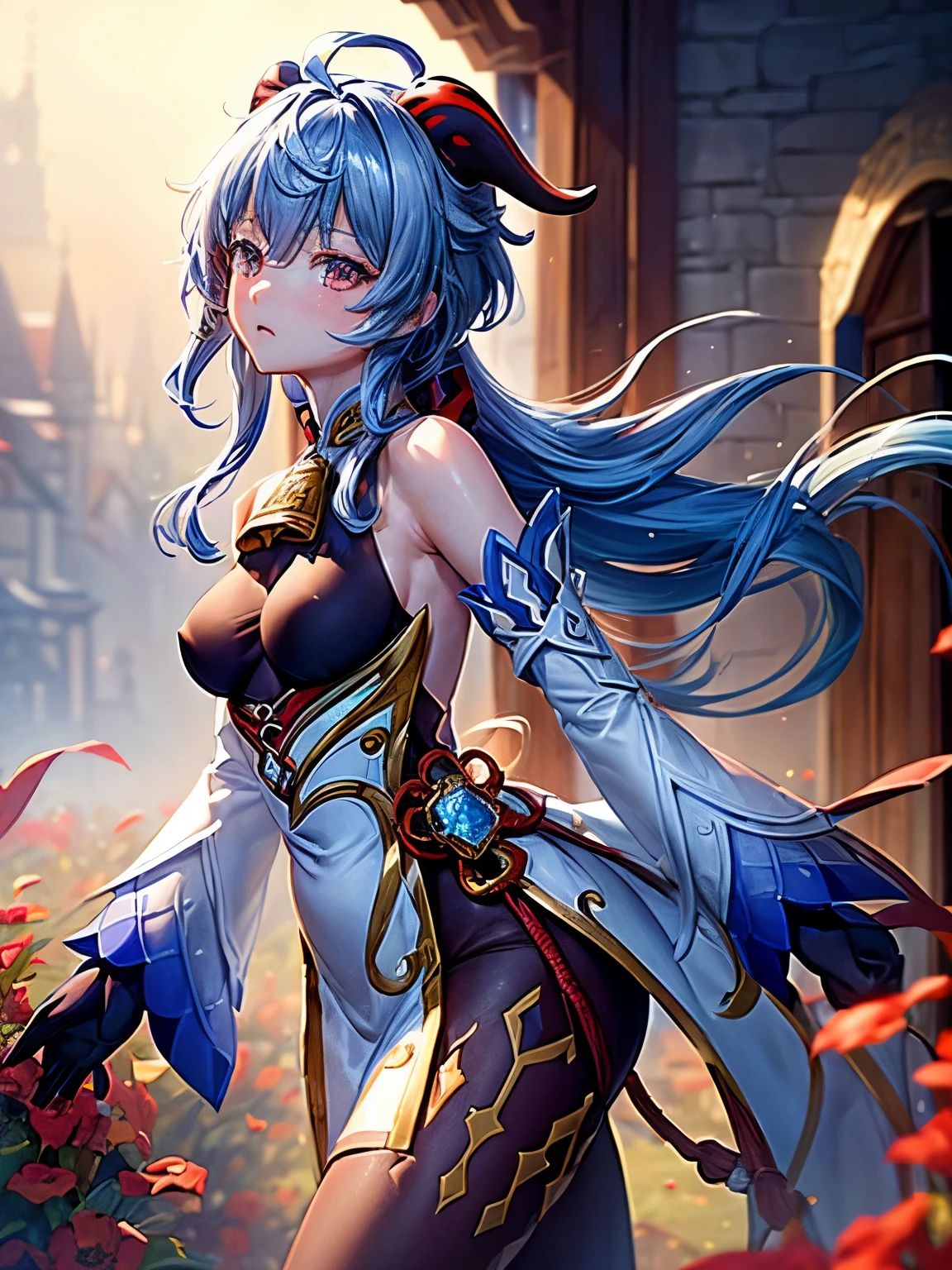 [ganyudef]:1.5,((masterpiece,highest quality,Detailed images,Beautiful images))1.4(ganyu images、Serious expression、church、Flower Field、The wind is blowing、Bright lighting overall、Backlight、A fantastic atmosphere、Thick Fog)1.1(Beautiful body lines、small beauty breasts、Beautiful side breasts)

