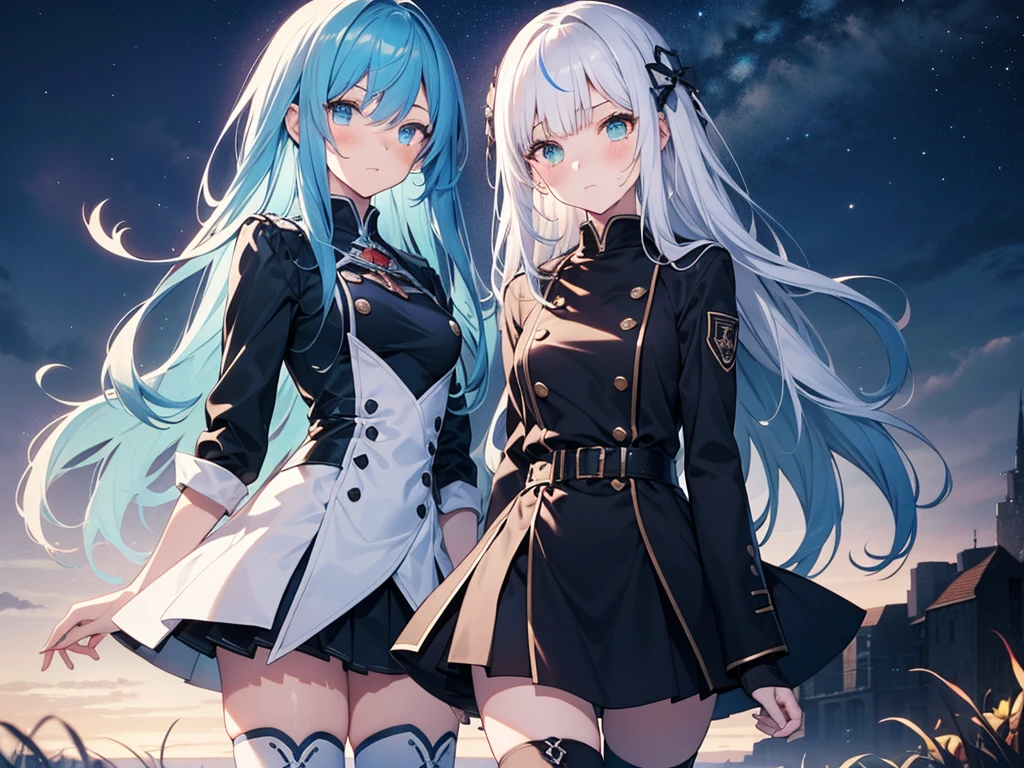 Red and black uniform、Bright green eyes, Beautiful eyes in every detail、 iris、Shining Eyes, (((White and blue gradient hair)))、(((((One Girl))))),Multicolored Hair、Inner Color、28歳woman、Shortcuts、1 girl、(((Embarrassed look)))、Beautiful sky、8k background、Medium chest、whole body、woman、No sleeve、(((Black Knee High)))、Beautiful background