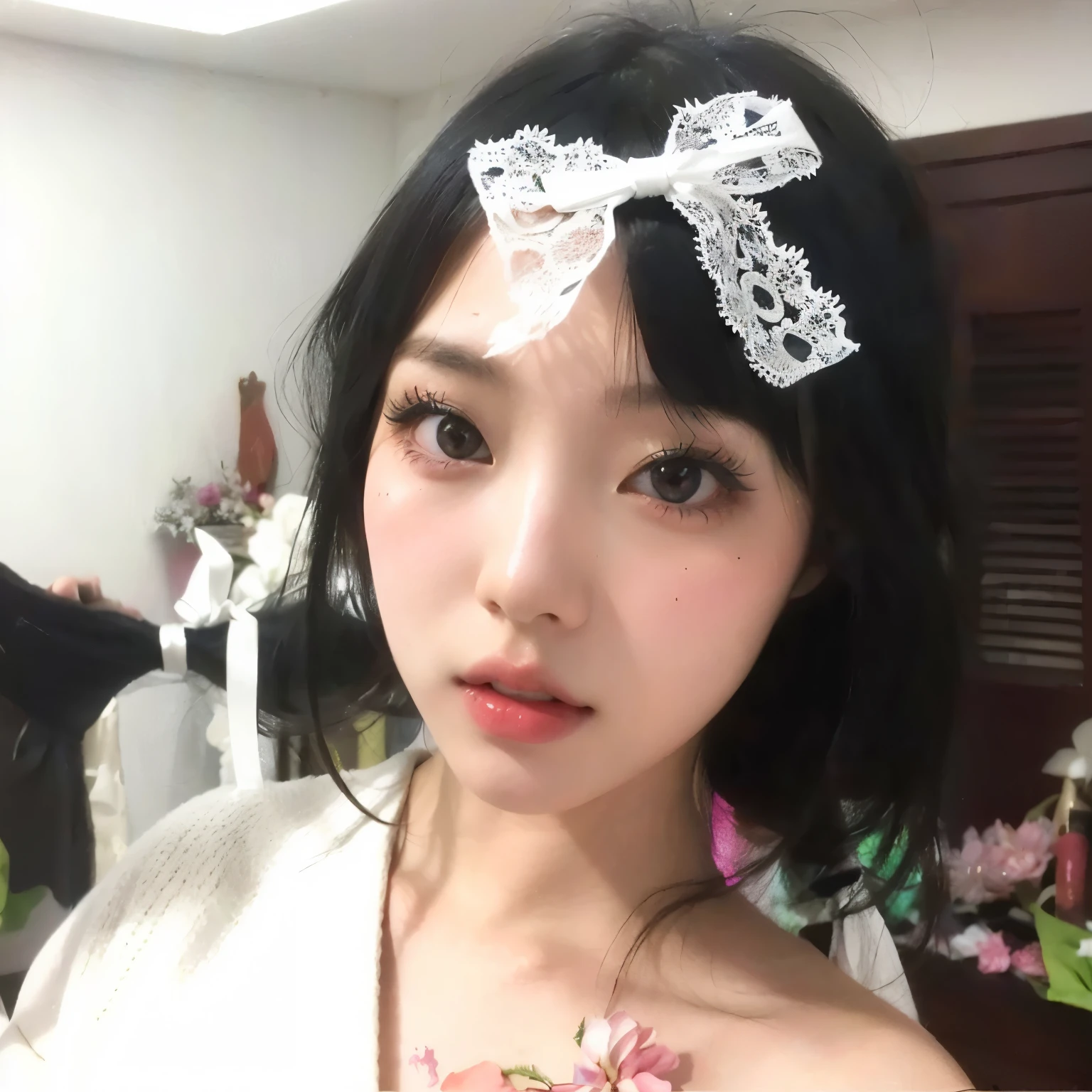 hay una mujer con un lazo blanco en la cabeza, ulzzang, hermosa cara de chicas japonesas, bella delfina, japanese gyaru portrait, chica anime en la vida real, peinado de corte hime blanco, cruel korean gothic girl, peinado kawaii, shikamimi, rasgos faciales japoneses, linda chica kawaii, Young cute pale asian face, retrato realista kawaii