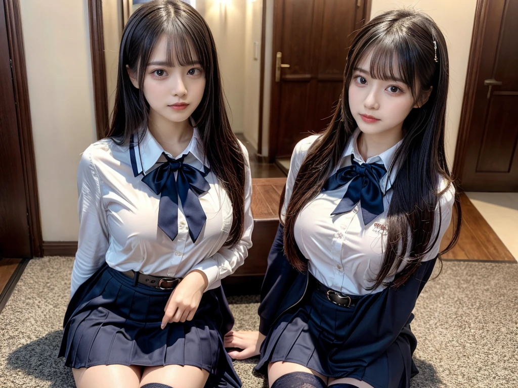 muster piece, best quality, illustration, Super detailed, fine details, High resolution, 8K,wall paper, perfect dynamic composition,(Details High quality, realistic depiction of eyes:1.3), ((2 girls, 2 schoolgirls)), The background is a luxury hotel room、High school girl uniform、blazer 、Super Short Check Uniform Skirt、Navy blue high socks、garterbelts、Colossal tits、Disturbed uniform, Play with each other,Touching each other's bodies,Touching the body of the girl next door, short bob hair, black hair color, huge breasts, Big Natural Color Lip, bold sexy pose, (perfect body shape), crying a little、cold gaze, Harajuku style、Beautiful makeup,glitter makeup,Cutest 18 years old, beautiful legs, hposing Gravure Idol, Voluptuous thighs