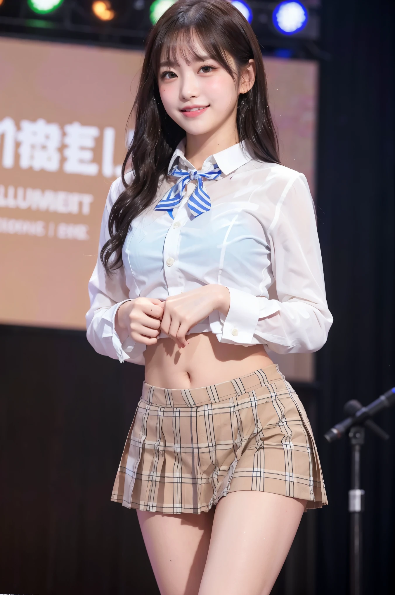 (8k), (highest quality: 1.2), (Realistic), (Realistic: 1.37), Ultra-high resolution, 1 girl, cute, (Embarrassed smile:1.2), (Blushing:1.4)Mouth closed, Beautiful details, Beautiful Nose, Wet Hair, Giant Dulcefo, pork, Thighs,Navel exposed,University Student Uniform,A simple blazer,Pleated skirt,Platform boots,Dancing on the school stage,(光沢のThighs:1.2),Medium Shot