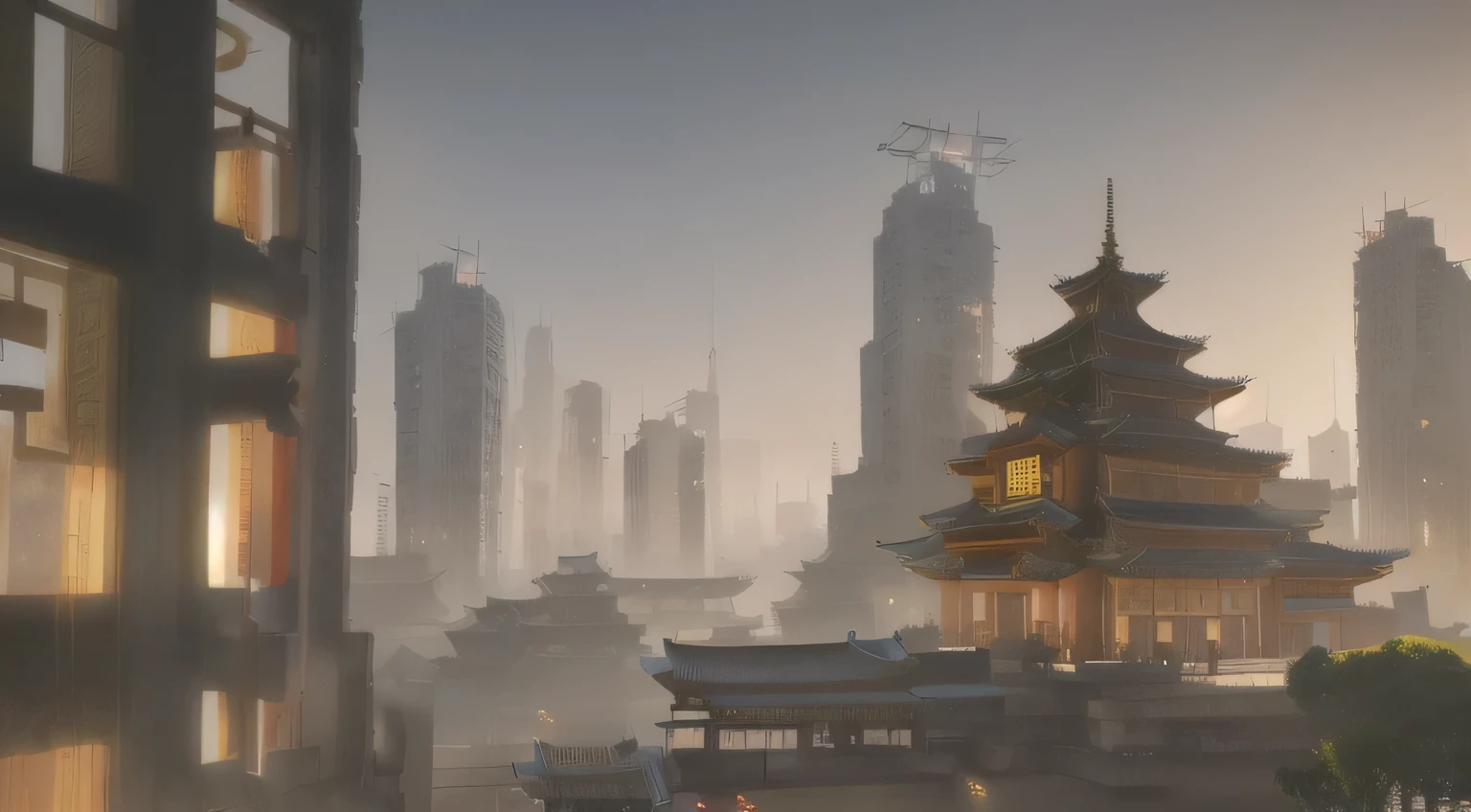 buildings in a city with a pagoda in the middle of the city, cyberpunk chinese ancient castle, stylized urban fantasy artwork, dreamy chinese town, concept art , highly rendered, game art matte painting, matte painting 4k 8k, cinematic. by leng jun, in a tropical and dystopic city, 8k matte painting, 8 k matte painting