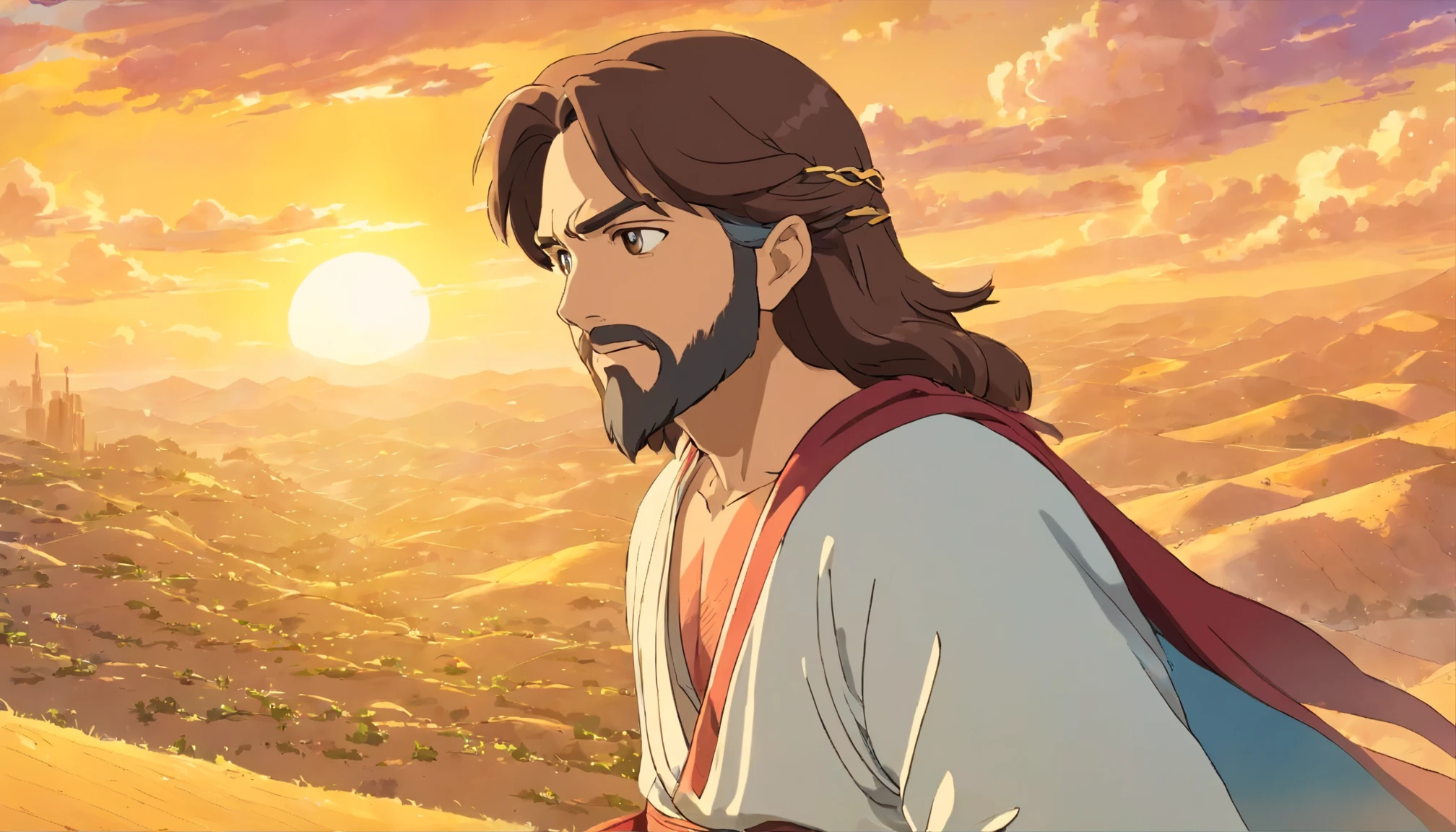 Create the image of Jesus Christ of Nazareth, barba no rosto e cabelos pretos, andando sozinho pelo deserto, Front view, 32k, melhor qualidade, obra de arte, super detalhe, detalhes altos,