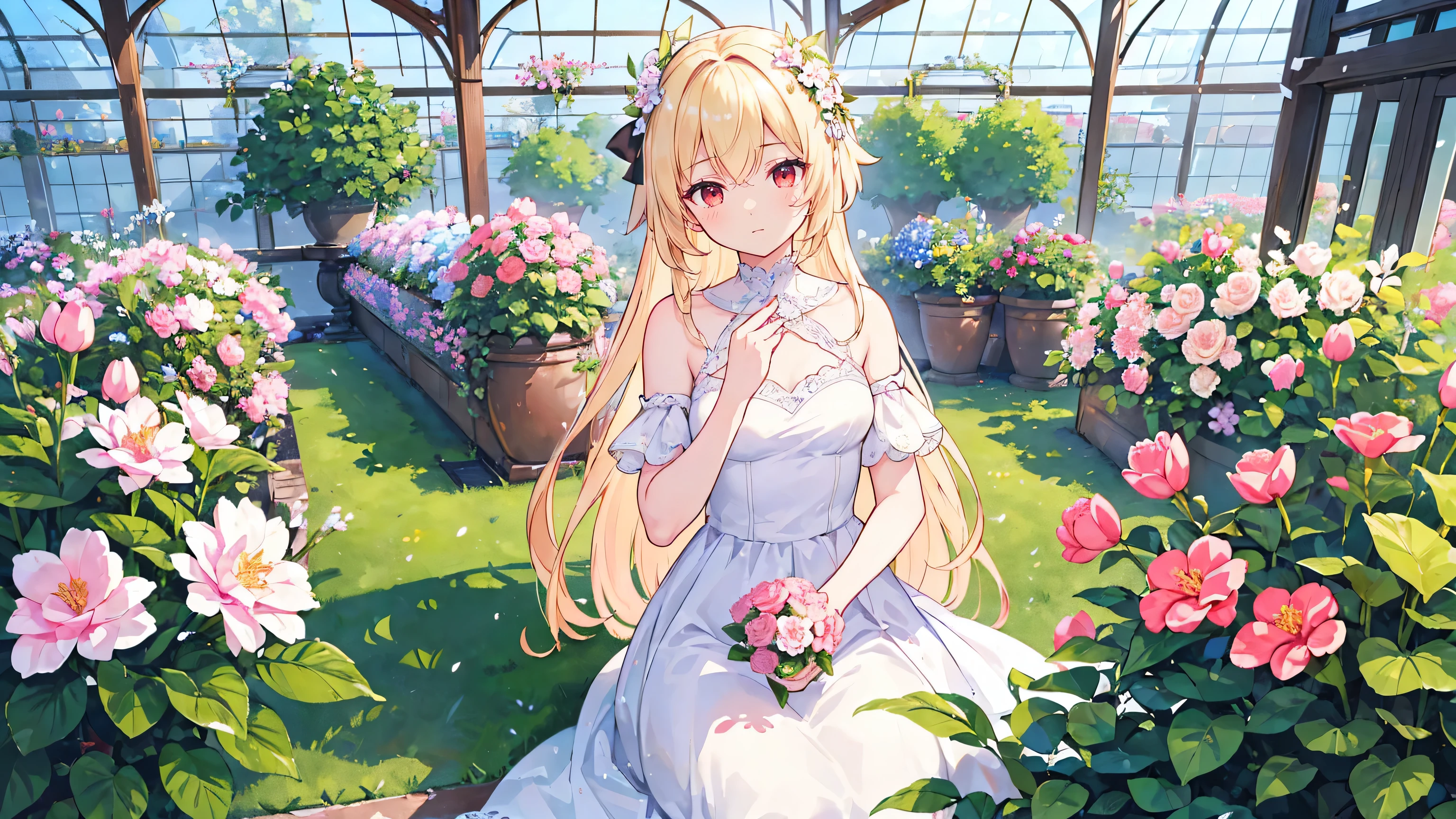 Very delicate and beautiful, wonderful, In detail, masterpiece, Super detailed, High resolution,Best illustrations, Best Shadow,Complex,Sharp focus, high quality, 1 male, alone, Blonde. Red eyes, Kaveh Genshin Impact, Glass greenhouse, Potted flowers, Flowers for sale, Man looking at flowers, Flowers are blooming everywhere