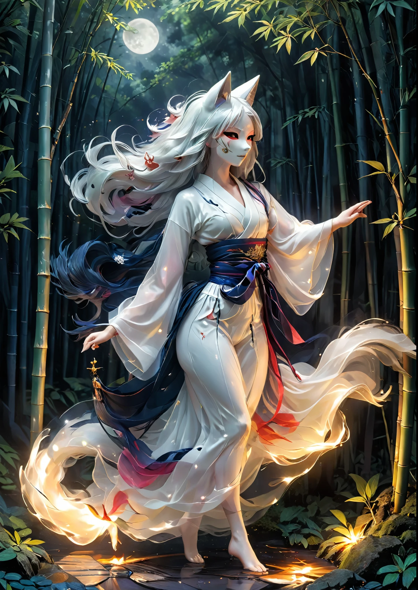 Ancient Shinto Moon Goddess, Long silver hair, A long, gorgeous midnight blue and white kimono, (A smooth ceremonial fox mask made of pure white lacquered wood:1.3)、Japanese Girls、Wearing a yukata、Smooth long hair with bangs、In the bamboo forest、Complex colors, Art Me、Actual Photos、High resolution、detailed、whole body