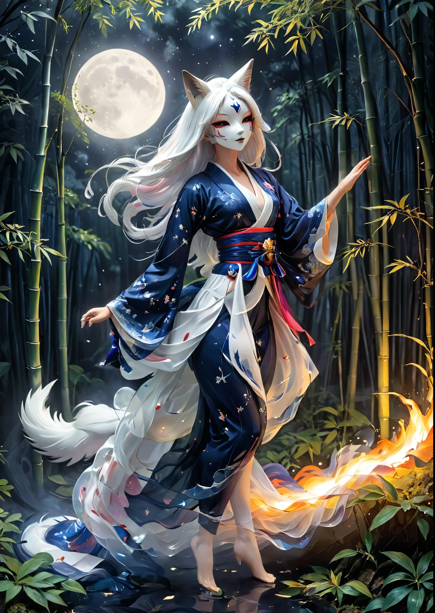 Ancient Shinto Moon Goddess, Long silver hair, A long, gorgeous midnight blue and white kimono, (A smooth ceremonial fox mask made of pure white lacquered wood:1.3)、Japanese Girls、Wearing a yukata、Smooth long hair with bangs、In the bamboo forest、Complex colors, Art Me、Actual Photos、High resolution、detailed、whole body