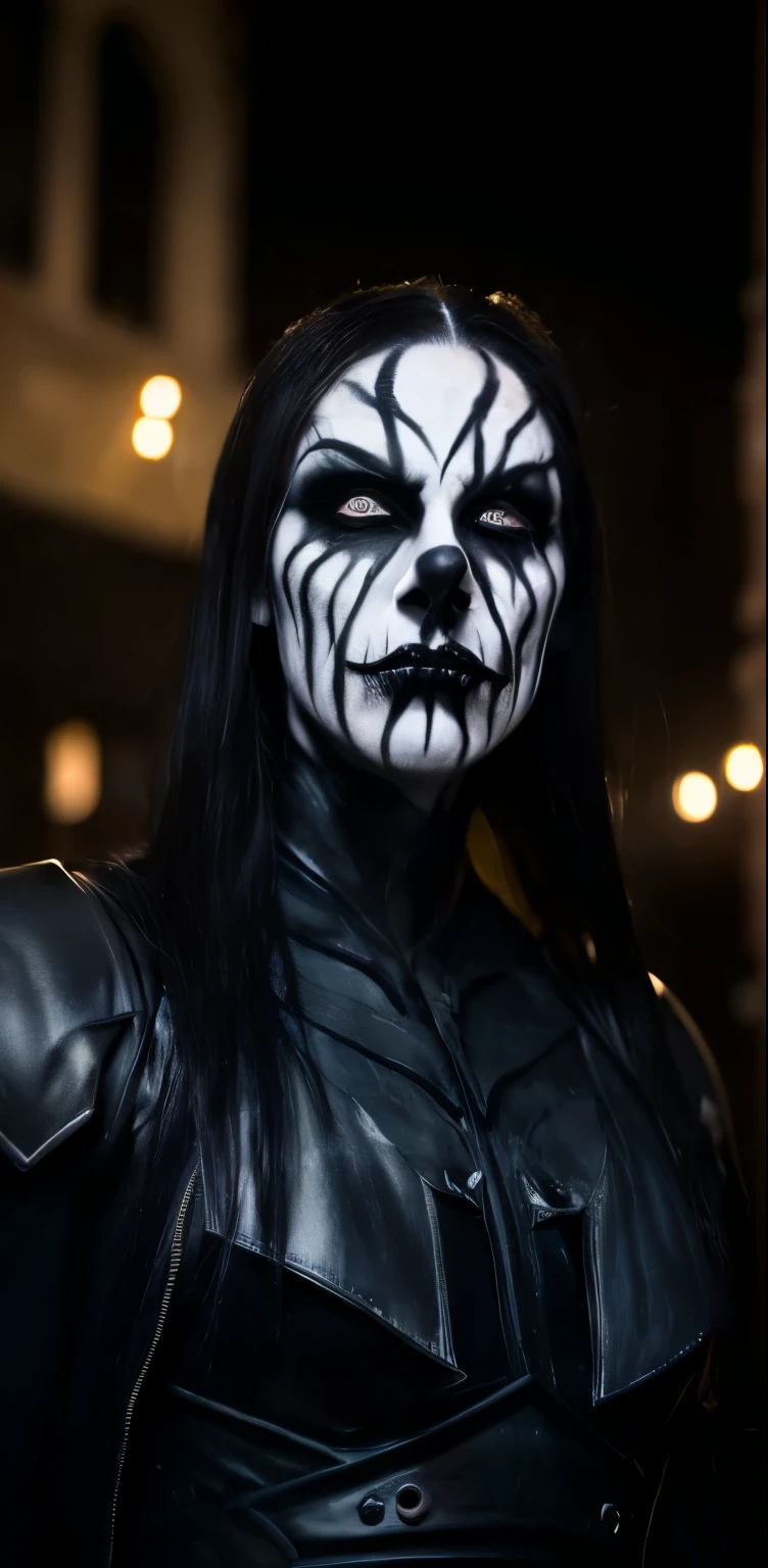 (masterpiece, best quality:1.2), (((1man, male))) , solo, highres, best quality, Half body shot of a strong Man, pale white skin angry man with (((black metal makeup, corpsy paint))), ((Angry face)) , heavy White and Black face paint, wearing a black and silver armor, spike, in a gothic cemitery, at night, horror movie. high details, super detail, textured skin, masterpiece, UHD, 4K, 8k. ((Cinematic lighting)). Church on fire background 