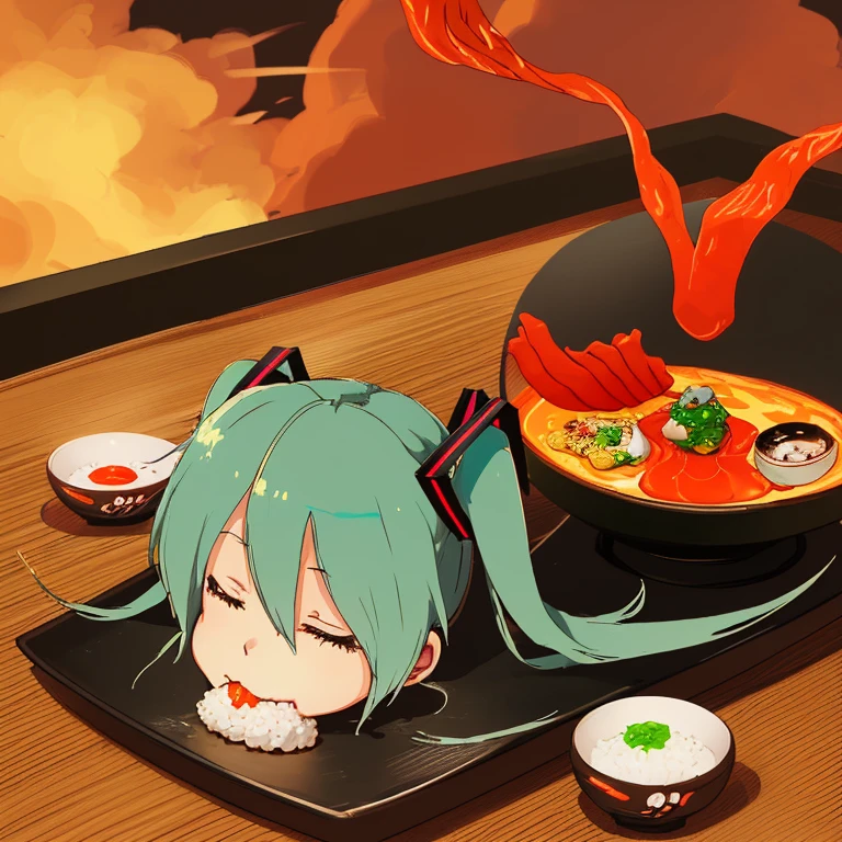 Hatsune Miku eating kaiseki cuisine on lava