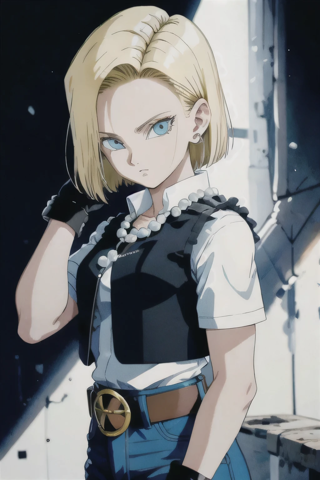 highest quality, High resolution, And 18, One girl, Android 18, alone, Blonde Hair, blue eyes, belt, jeans, Pearl_necklace, bracelet, Black gloves, White shirt, short hair, Short sleeve, Earrings, Blue pants, Open Vest, Black vest, , (Dark Background:1.3),Expressionless, (((With her right hand she is pushing her hair behind her ear.)))), (((The left hand is down))))