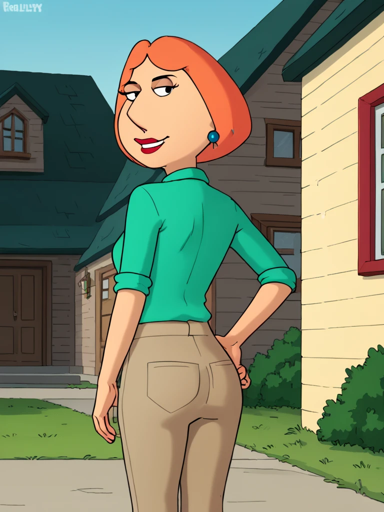 lois,1girl, blue earrings, jewelry, short hair, solo, lipstick, makeup, orange hair, aqua shirt, tight beige pants,looking at viewer, smile, outdoors,hand on own hip,  score_9, score_8_up, score_7_up, score_6_up, score_5_up, score_4_up, back view 