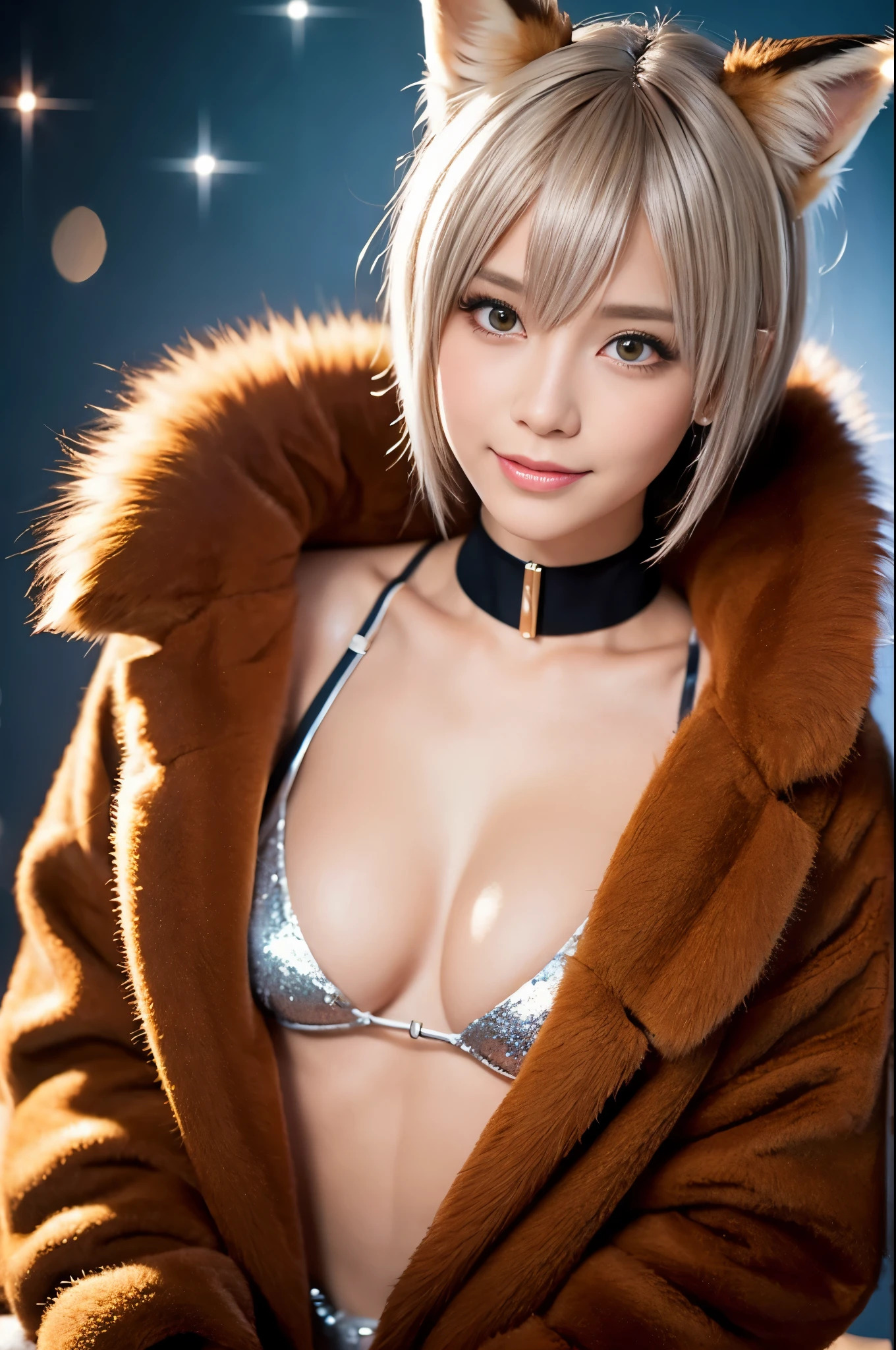 sexy swedish model, (-anime), only 1 model, very short hair, beautiful smile, lipgloss, long lashes, defined eyebrows, long fur fox color scheme, ((long fur fox cosplay)), fox ears, fox tail, fox choker, look at the camera, cinematic light, (sparkling long fur background), sweet and sexy pose