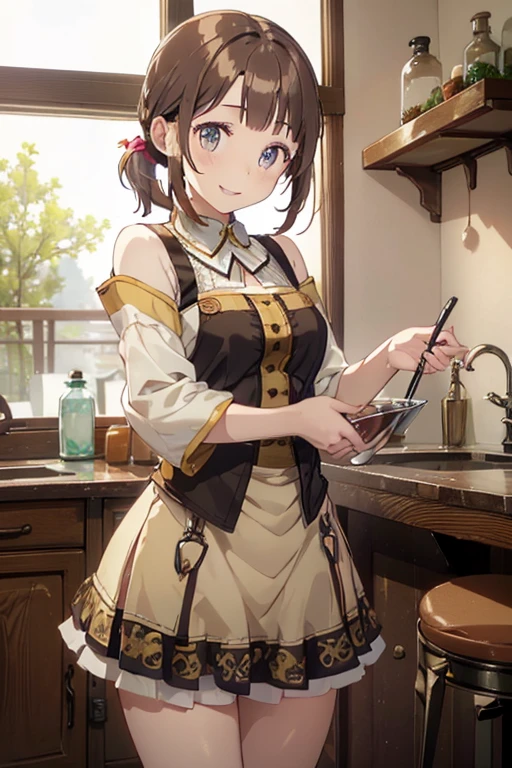 (highest quality:1.5),(8k,masterpiece, top quality, best quality,beautiful and aesthetic:1.2,professional illustrasion:1.1,ultra detail:1.3,perfect lighting),extremely detailed,highest detailed,incredibly absurdres , highres, ultra detailed,intricate:1.3,(Alchemy Workshop:1.4),A girl mixing,Medicine in many small bottles,colorful:1.4,zentangle,(1girl),(highly detailed beautiful face and eyes,firm breasts),real skin,((brown hair,short bob with short pony tail hair)),thin pubic hair:1.3,cute,lovely,,alchemist costume,smile,in the kitchen,smile,seductive weak smiling,(with sparkling eyes and a contagious smile),open mouth, Looking at Viewer,