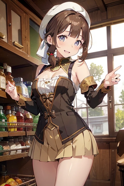 (highest quality:1.5),(8k,masterpiece, top quality, best quality,beautiful and aesthetic:1.2,professional illustrasion:1.1,ultra detail:1.3,perfect lighting),extremely detailed,highest detailed,incredibly absurdres , highres, ultra detailed,intricate:1.3,(Alchemy Workshop:1.4),A girl mixing,Medicine in many small bottles,colorful:1.4,zentangle,(1girl),(highly detailed beautiful face and eyes,firm breasts),real skin,((brown hair,short bob with short pony tail hair)),thin pubic hair:1.3,cute,lovely,,alchemist costume,smile,in the kitchen,smile,seductive weak smiling,(with sparkling eyes and a contagious smile),open mouth, Looking at Viewer,