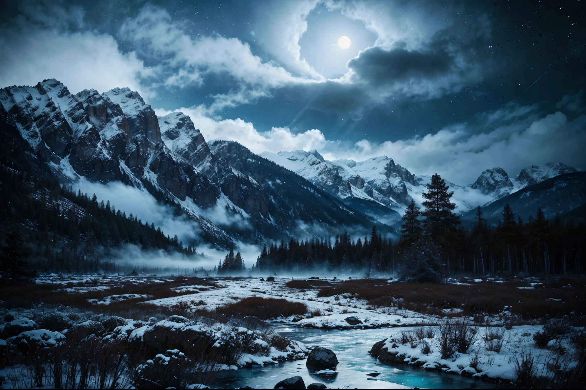 Background, lots of high mountains, lots of clouds, winter sky, seeing constellations, Galaxy, Milky Way, beautiful winter night with small city wallpaper,view is spectacular.，mountain forest landscape photography，nature，It just rained.，Bushes in the moonlight，Turquoise blue water，Rocks of various shapes，alpine cliffs，1 white Phalaenopsis orchid，Gray, black and white and blue tones, minimalist style.，The sky is foggy.，nightmare vision， Dark fantasy storyline，Perfect and wonderful composition，8k resolution，details，rain path，moisture，Water stains，Take a very wide angle photo.，Jack Guzman&#39;s environmental art photography，realistically，movie elements，Volumetric illumination，brightness, Detailed, dramatic sky, Multi-colored clouds floating.，true to life, clear public space, flawless perfection, SLR digital camera, 16k, 1024, 2048, 4096, Detailed, sharp, best quality, มีHigh quality, nonsense，Driverless background，which has many details、Shadows with details，Trends on artstation、complicated、high details、Dramaidjourney art（Volumetric illumination：1.2）shot in hdr。（Distant view，super deep view，ultra wide angle，Microfocal length lens：1.2）（realistically：1.4）Masterpiece、High quality、Beautiful photography、world class illumination.,full colour+mood and tone, IMAX cameras., national geographic, photography,Lord of the Rings style, Polaroid, high-detail realistic 8k full HD.
