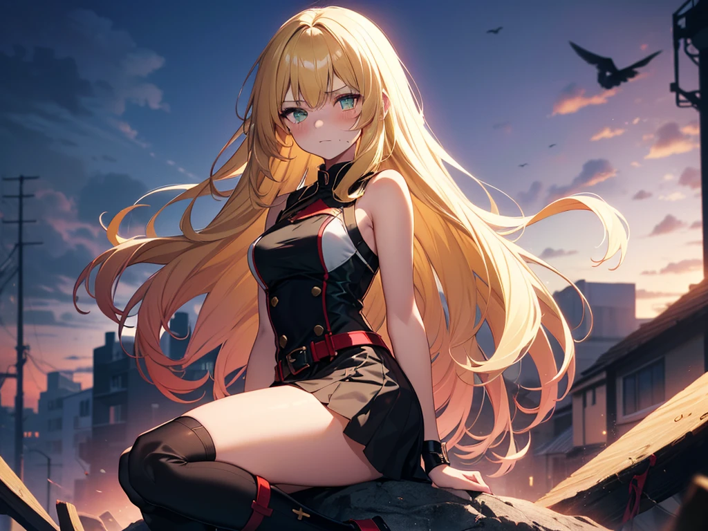 Red and black uniform、Bright green eyes, Beautiful eyes in every detail、 iris、Shining Eyes, (((Blonde gradient hair)))、(((((One Girl))))),Multicolored Hair、Inner Color、28歳woman、Shortcuts、1 girl、(((Embarrassed look)))、Beautiful sky、8k background、Mid-chest、whole body、woman、Sleeveless、(((Black Knee High)))、Beautiful background