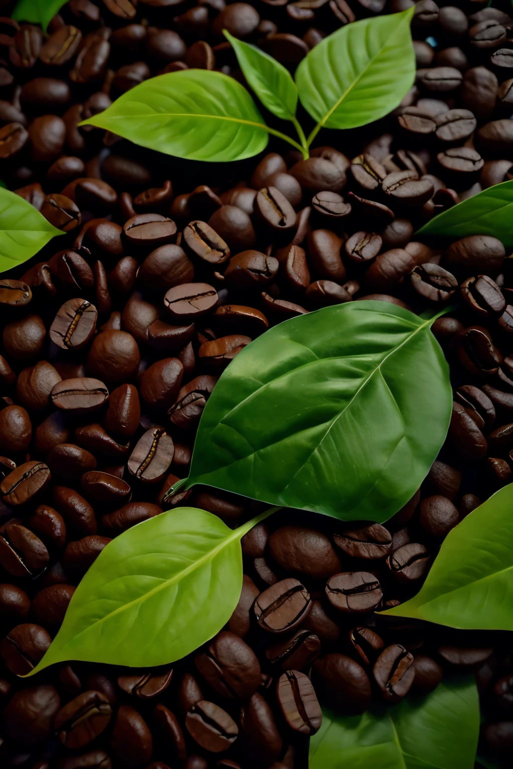 There are coffee beans, flowers and leaves, painted, super detailed, full color, colorful, 8K, realistic
