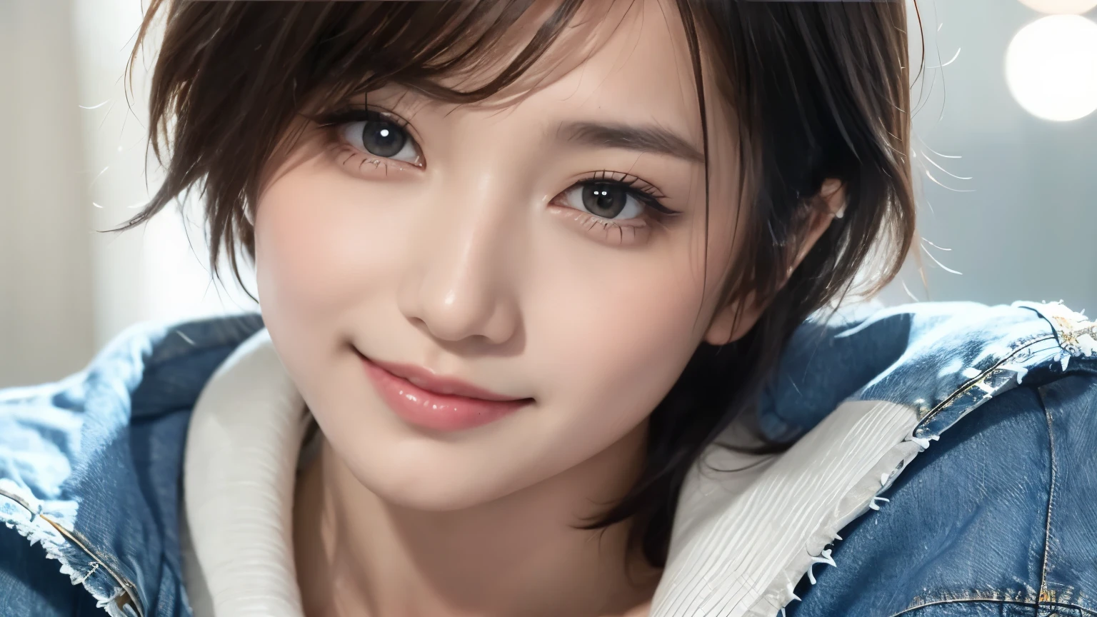 Realistic, masterpiece, highest quality, Highest Resolution, Portrait of a Japan woman, Depicts only the upper body, Portrait background, Happy smile, Slightly to the side, Always observe the audience, Beautiful and detailed eyes, Dark Eyes, Looks sleepy, Sparkling eyes, (Hidden eyelid wrinkles:1.2), Thin eyebrows, Draw eyelashes carefully, Natural Makeup, (short hair, Silver Hair:1.3), Detailed face, (Face close-up:1.3), ((Denim jacket), Pure white shirt),Photographed inside the cafe