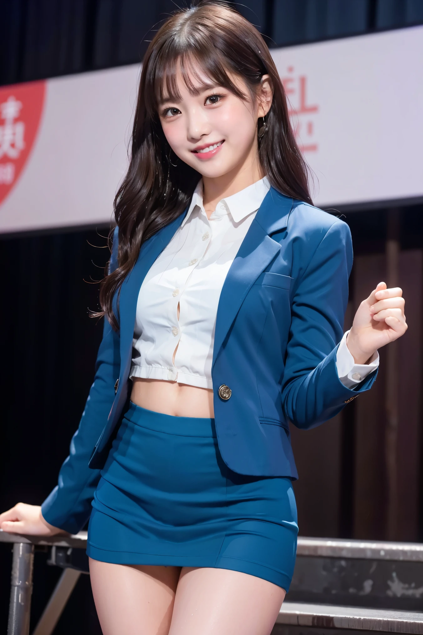 (8k), (highest quality: 1.2), (Realistic), (Realistic: 1.37), Ultra-high resolution, 1 girl, cute, (Embarrassed smile:1.2), (Blushing:1.4)Mouth closed, Beautiful details, Beautiful Nose, Wet Hair, Giant Dulcefo, pork, Thighs,Navel exposed,University Student Uniform,A simple blazer,Pleated skirt,Platform boots,Dancing on the school stage,(光沢のThighs:1.4),Medium Shot