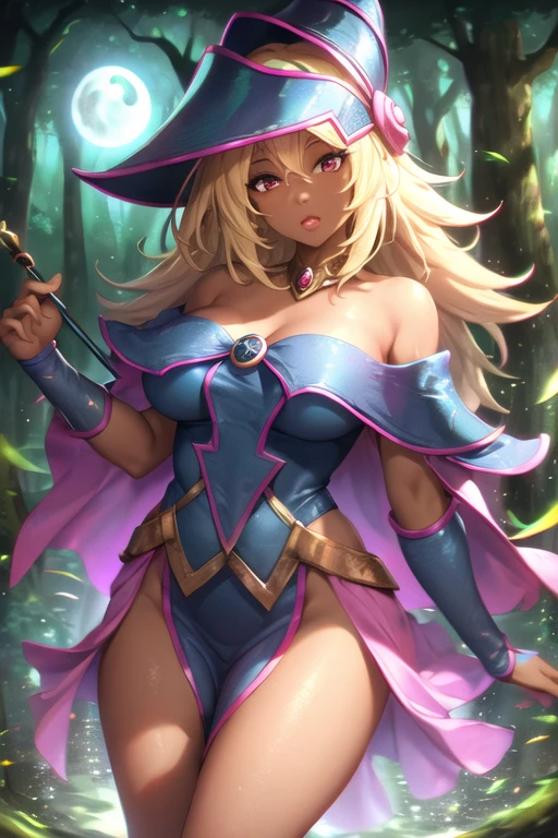 dark magician girl(afrocentric skin), mksks style, (very detailed background:1.0), (highly detailed background:1.0), masterpiece, best quality, (1girl), solo, (forest), long hair, blonde hair, blue headwear, wizard hat, spell casting, nature, trees:1.2, motion blur, magic, (moonlight:1.2), chromatic aberration, depth of field, soft lighting, highly detailed face, highly detailed eyes