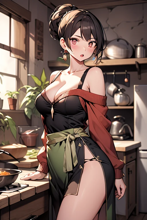 masterpiece, yor, 1girl, Bust A Cup, Amazing Cleavage:1.1, thin waist, big ass, Raised sexy, small breast: 1.1 posed cleavage:1.2、solo, looking at viewer, open mouth, have a cute grass of cute beergrass,black hair, dark green eyes, dress, bare shoulders, jewelry, collarbone, sidelocks, hairband, earrings, indoors, off shoulder, :o, sweater, arms behind back, plant, short hair with long locks, gild hairband, off-shoulder dress, sweater dress, off-shoulder sweater, red sweater, dark gord hair, big side hair, very long side hair,is rendered in (masterpiece: 1.2, best quality), with (ultra high resolution) and an exquisite (depth of field). This masterpiece is not only visually stunning but also tells,A scene of cooking in the kitchen