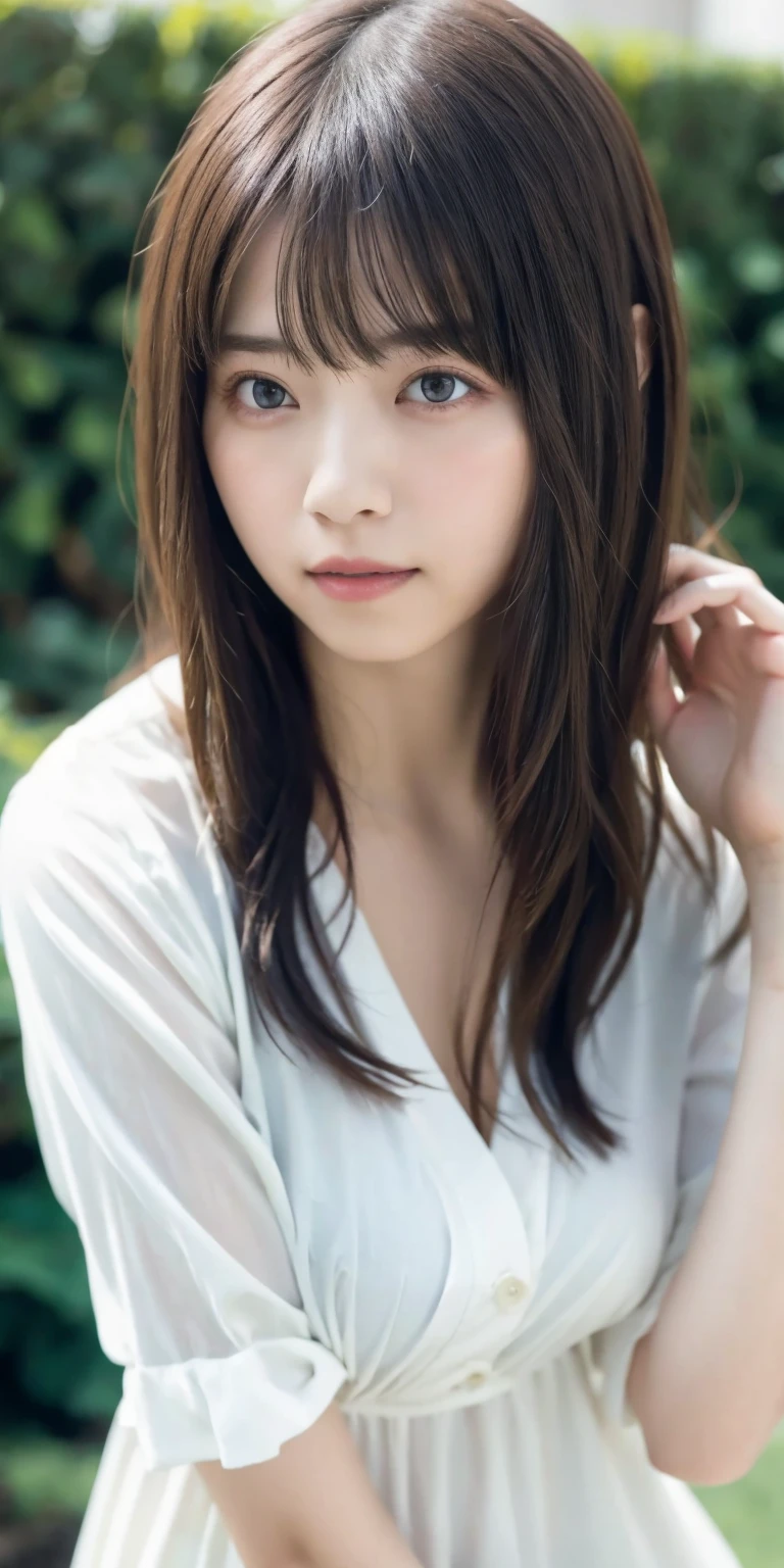 masterpiece, highest quality, 8k, 20th Generation, Big Breasts, cute, alone, sad, cute, Girlish, cute、Delicate girl, Pure beauty,  RAW Photos, Professional photography, Portraiture, Soft Light, Professional Lighting, Backlight, Upper Body, avert your eyes, Sophisticated, Film Grain, (Eye and facial details:1.0), Floating hair, beautiful, Flowing hair, bangs, Cardigan on blouse、(Big Breasts:1.2)、A little bit of cleavage is visible、dolly make、Heterochromia iridis、Left and right eyes are different colors