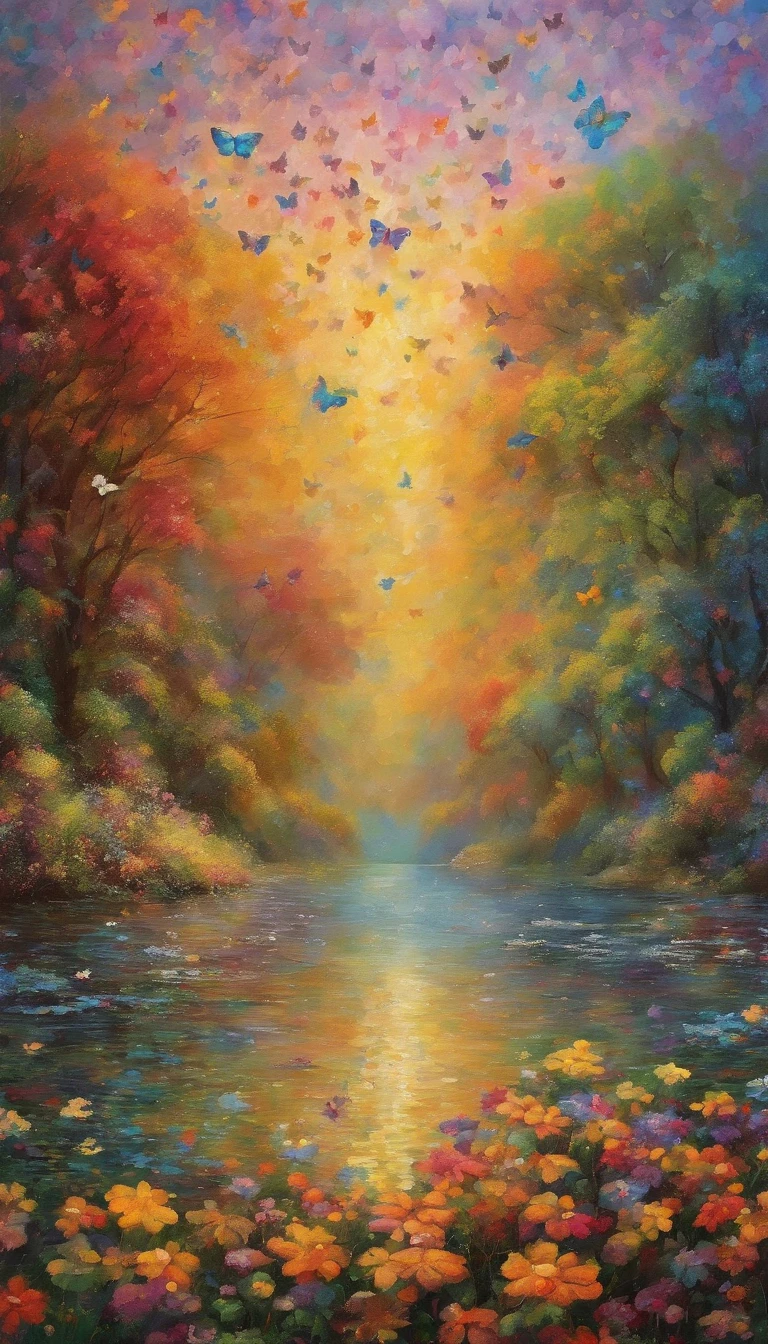 Beautiful energy art that gives power to those who see it。Landscape Images。butterflies dancing on the riverside。Fantastical。Dreamy。Fantasia。