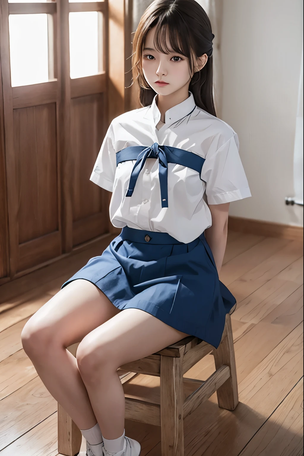 A cute girl is confined and tied up、Inside the room、White under the blue skirt、Red short sleeve shirt、Sit with your feet together and forward、Beauty、22 years old、Medium build、