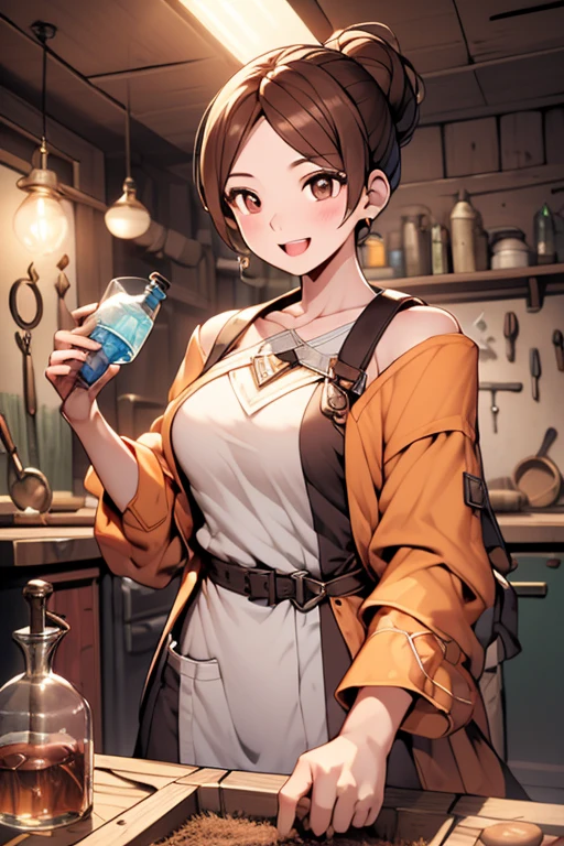 (highest quality:1.5),(8k,masterpiece, top quality, best quality,beautiful and aesthetic:1.2,professional illustrasion:1.1,ultra detail:1.3,perfect lighting),extremely detailed,highest detailed,incredibly absurdres , highres, ultra detailed,intricate:1.3,(Alchemy Workshop:1.4),A girl mixing,Medicine in many small bottles,colorful:1.4,zentangle,(1girl),(highly detailed beautiful face and eyes,firm breasts),real skin,((brown hair,short bob with short pony tail hair)),thin pubic hair:1.3,cute,lovely,17 years old,alchemist costume,smile,in the kitchen,smile,seductive weak smiling,(with sparkling eyes and a contagious smile),open mouth, Looking at Viewer,