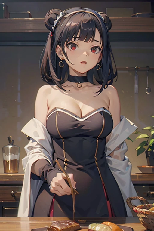 masterpiece, yor, 1girl, Amazing Cleavage:1.3, thin waist, big ass, Raised sexy, medium breast: 1.8 posed cleavage:1.2、solo, looking at viewer, open mouth, have a cup of coffee,black hair, red eyes, dress, bare shoulders, jewelry, collarbone, sidelocks, hairband, earrings, indoors, off shoulder, :o, sweater, arms behind back, plant, short hair with long locks, white hairband, off-shoulder dress, sweater dress, off-shoulder sweater, red sweater, big side hair, very long side hair,is rendered in (masterpiece: 1.2, best quality), with (ultra high resolution) and an exquisite (depth of field). This masterpiece is not only visually stunning but also tells, teach of cooking ,in the kitchen
