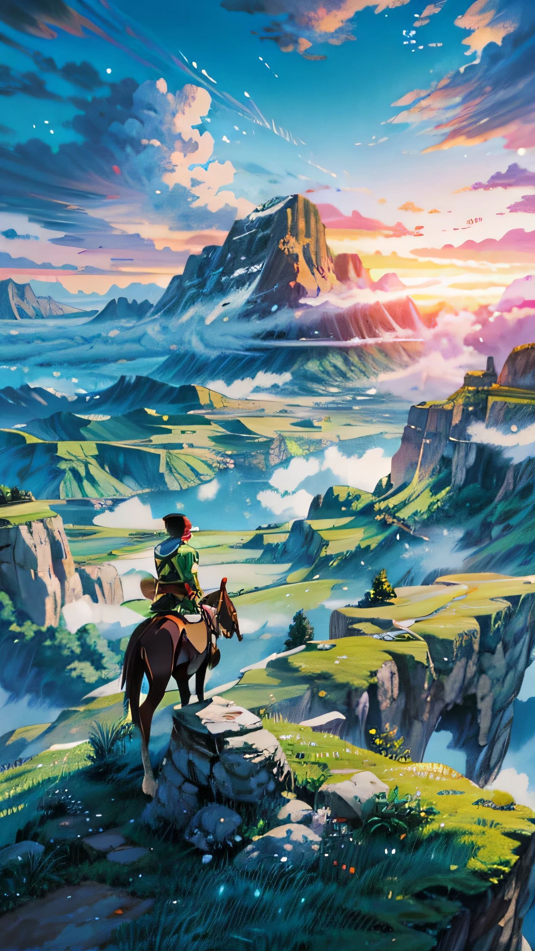 a man riding a horse on top of a lush green hillside, breath of the wild art style, zelda style art, hyrule, anime landscape wallpaper, anime countryside landscape, anime landscape, 8k stunning artwork, ross tran. scenic background, anime key visual concept art of, nintendo game art, high detailed official artwork, official artwork hdr, background of flowery hill, 4k hd,, beautiful art uhd 4 k, a beautiful artwork illustration, beautiful digital painting, highly detailed digital painting, beautiful digital artwork, detailed painting 4 k, very detailed digital painting, rich picturesque colors, gorgeous digital painting