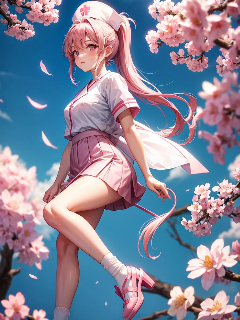 Blossom long pony tail girl with sakura flower on right side have nurse hat wearing nurse shoulderless and light pink skirt have pink socks and light pink heels