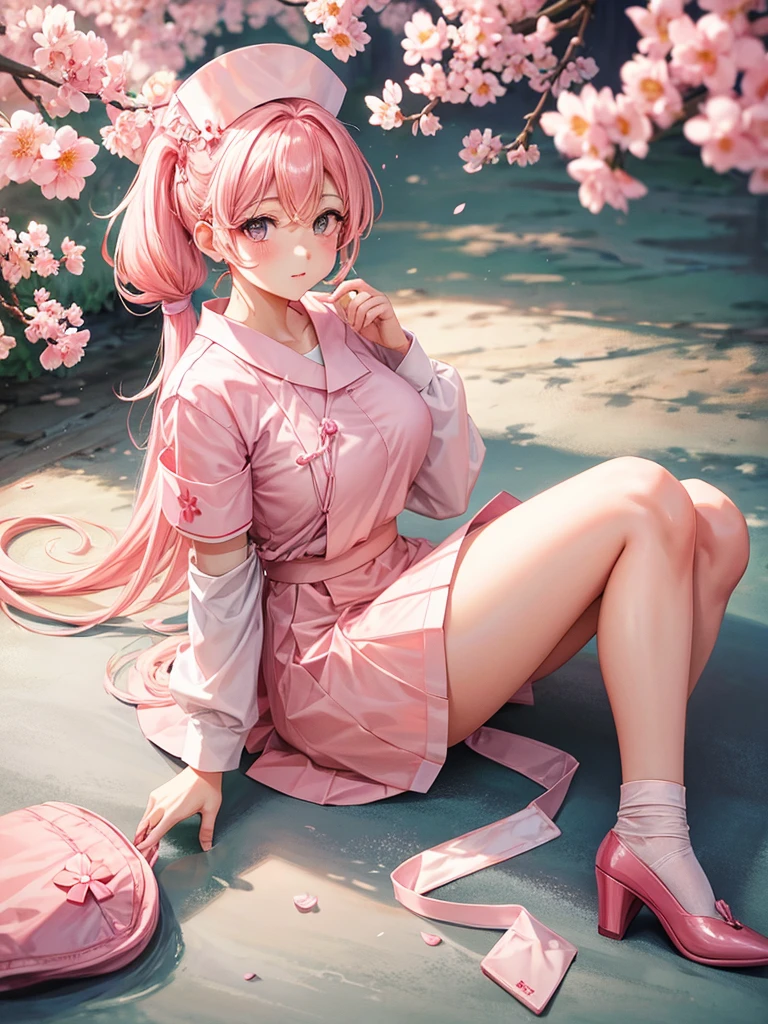 Blossom long pony tail girl with sakura flower on right side have nurse hat wearing nurse shoulderless and light pink skirt have pink socks and light pink heels
