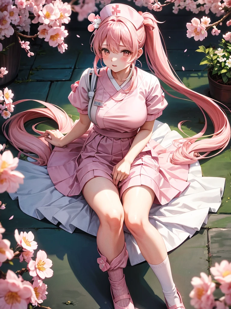 Blossom long pony tail girl with sakura flower on right side have nurse hat wearing nurse shoulderless and light pink skirt have pink socks and light pink heels