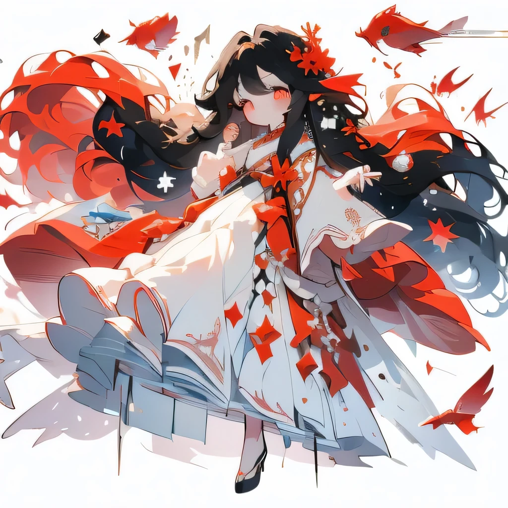 beautiful girl,One Girl,Black Hair,Super Long Hair,Very long hair,Straight Hair,Red Eyes,Bright Red Eyes,White background,Simple Background,Red Chinese Dress