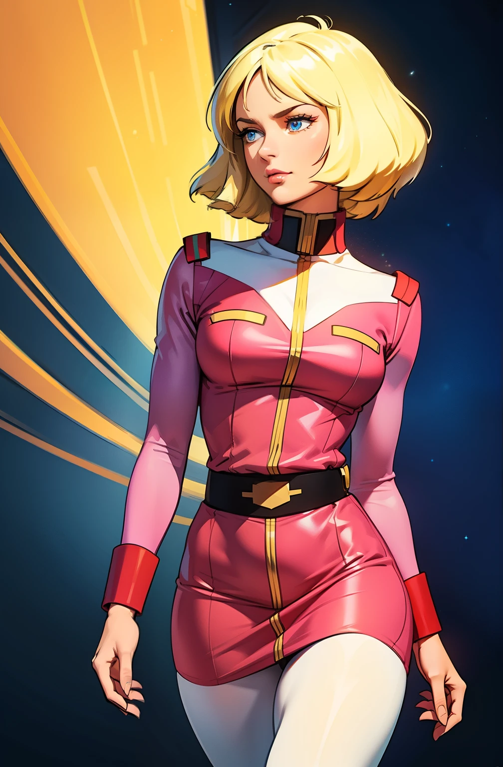 ((masterpiece)), ((cinematic lighting)), realistic photo、Real Images、Top image quality、1girl in, sayla mass, Elegant, masterpiece, Convoluted, slim arms, wide hips, thick thighs, thigh gaps, Best Quality, absurderes, high face detail, Perfect eyes, mature, Cowboy Shot, , Vibrant colors, soft pink uniform, soft pink Skirt, white tights, side view
