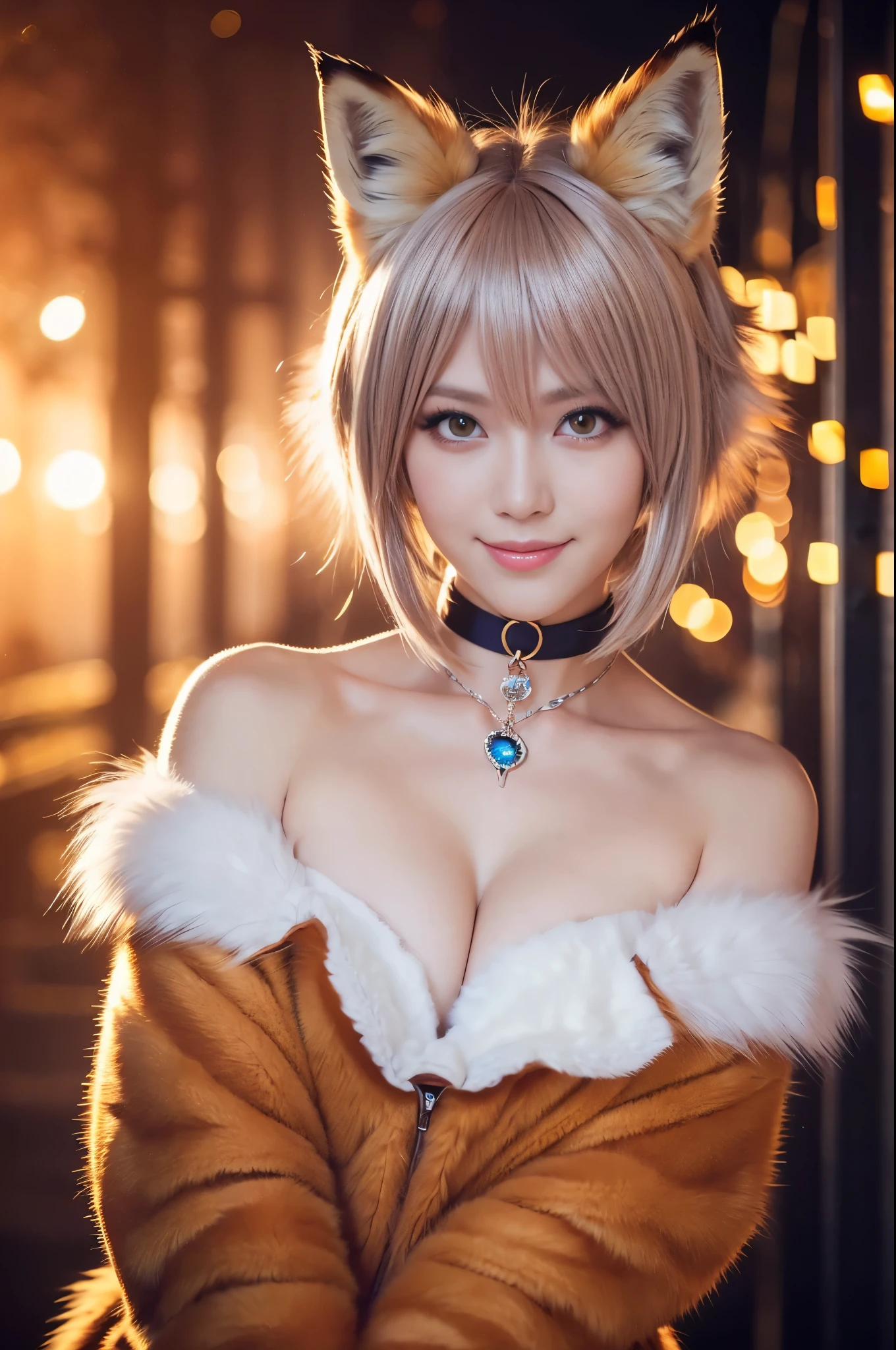 sexy swedish model, (-anime), only 1 model, very short hair, beautiful smile, lipgloss, long lashes, defined eyebrows, long fur fox color scheme, ((long fur fox cosplay)), fox ears, fox tail, fox choker, look at the camera, cinematic light, (sparkling long fur background), sweet and sexy pose