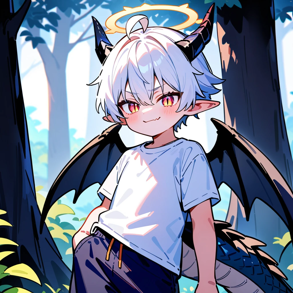 （masterpiece：1.2，high quality），8K，High resolution，A *****-****-*** boy，cute boy，white hair，short hair，light red eyes，slit pupils， ahoge，Dragon Horn，Pointed ears，evil smile，skin fang，Halo，It has black wings on the back，Wearing a white shirt，Dark blue shorts，Stand in the forest，There are flowering trees on both sides.，**********************，thigh，alone，dragon tail，（hand in pants，One hand into his pants）