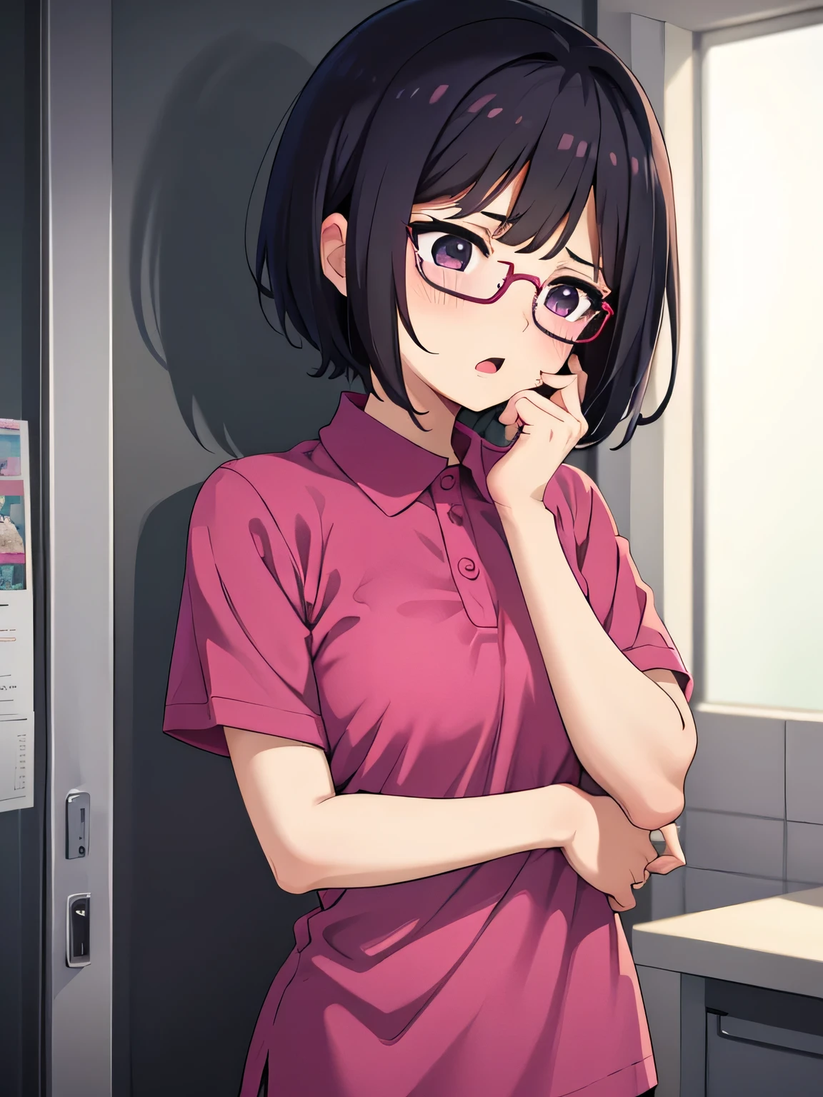 1. Beautiful girl in a magenta polo shirt, short hair, Small breasts, Embarrassing, Beautiful fingers, Shyness, worries, Black Hair, No underwear, Crouching, black eyes, hospital, beautiful, cute, high quality, short sleeves No bra, Open mouth Glasses Perfect hands