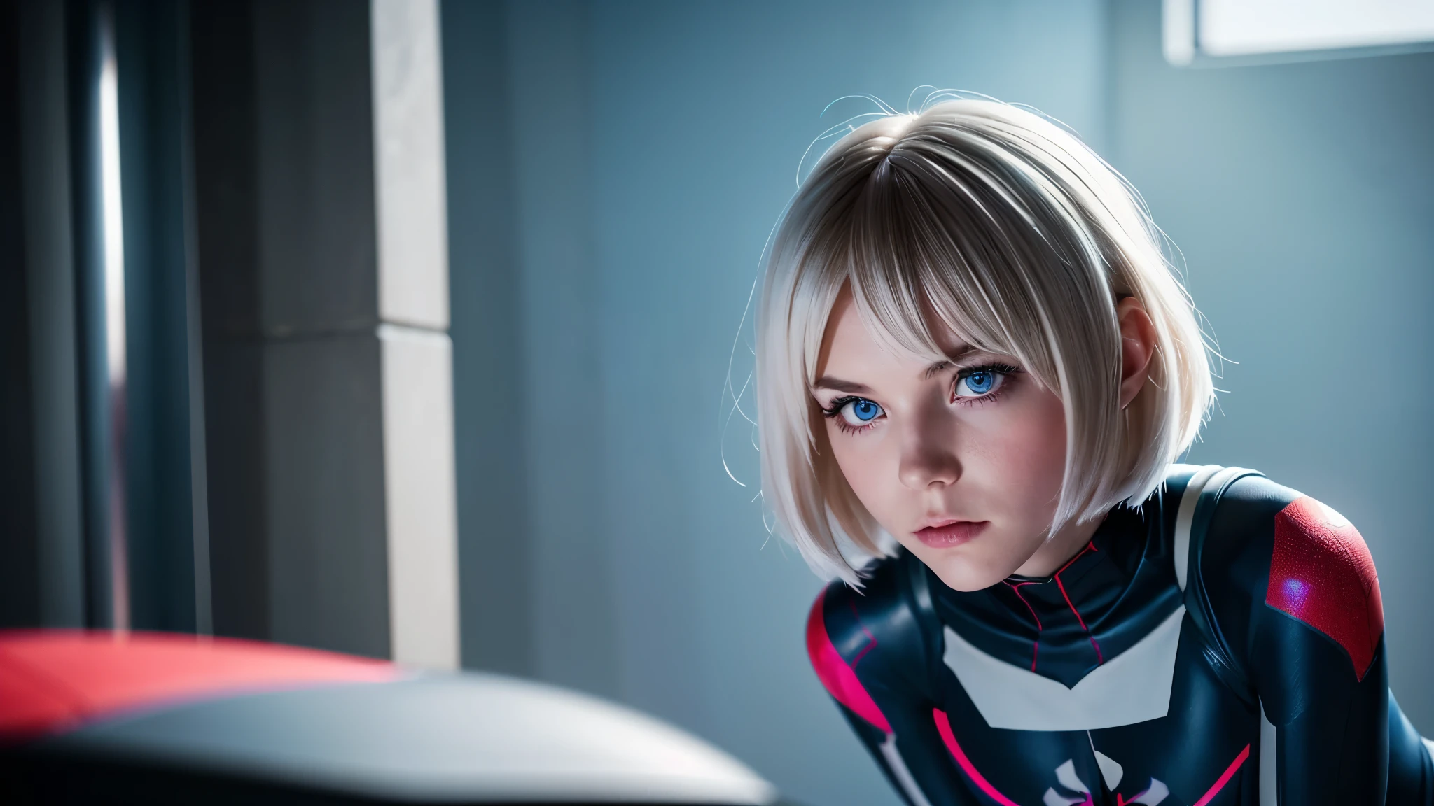 (((1 girl))), ((Spider-Gwen)), ((Spider-Gwen Outfit)), ((Spider-Gwen Haircut)), Textur, filmgrain, Hautporen, dusty atmospheric haze, Vignettierung, Falten, komplizierte Details:0.2 Intricate dramatic cinematic movie stills of a beautiful, elegant, Augenkontakt, (herablassendes, wirkliches Leben, HDR (Hoher dynamischer Bereich), Raytracing, NVIDIA RTX, super resolution, Unreal 5, selbstbewusstes Grinsen)1.2, (niedriger Winkel)1.2, Bokeh im Vordergrund, hasselblad RAW dramatisches Foto, (blue eyes), (city in Background), ((High detailed eyes)), 8k, UHD