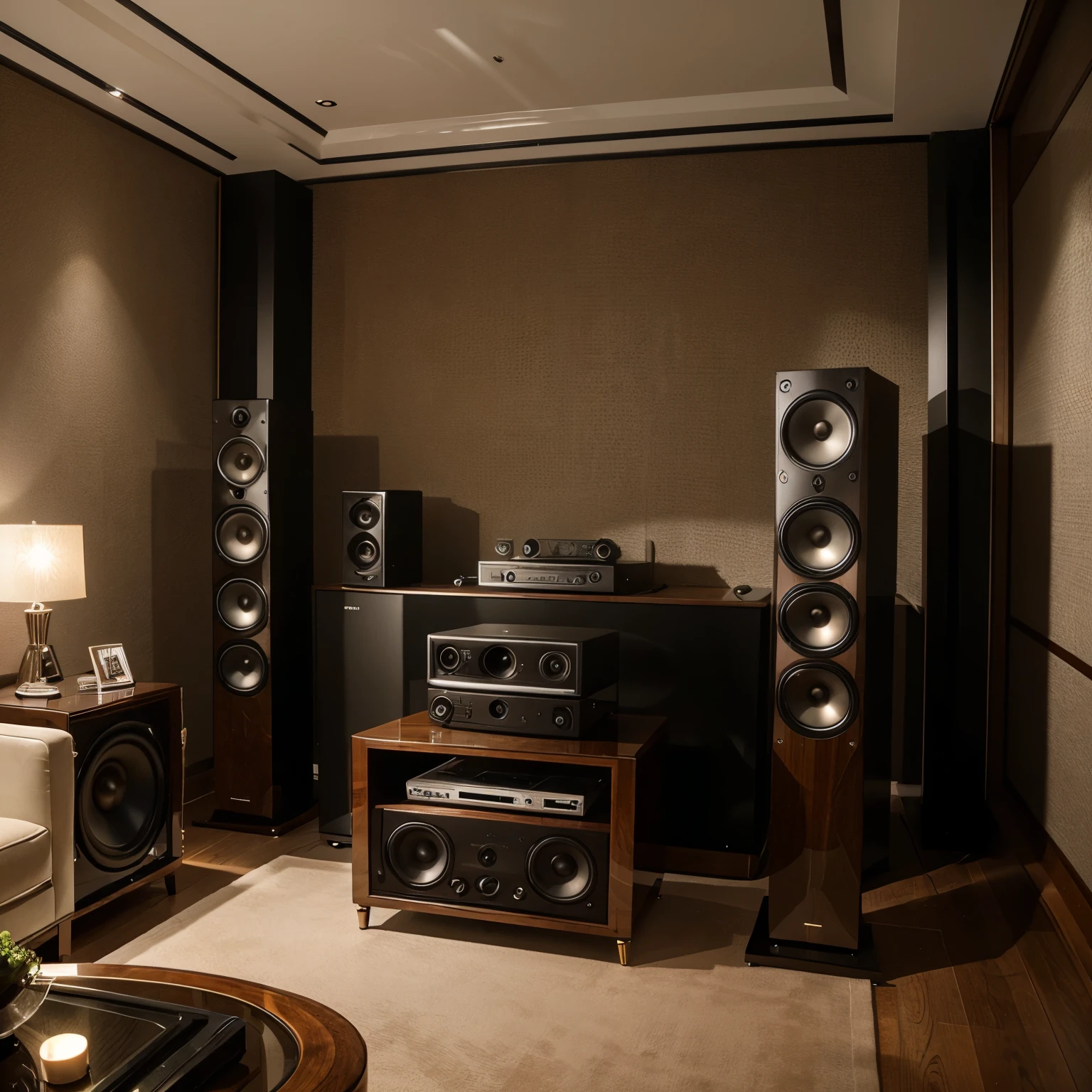sound room, with sophisticated audio sound systems, high end speakers, amplifier and luxury furniture