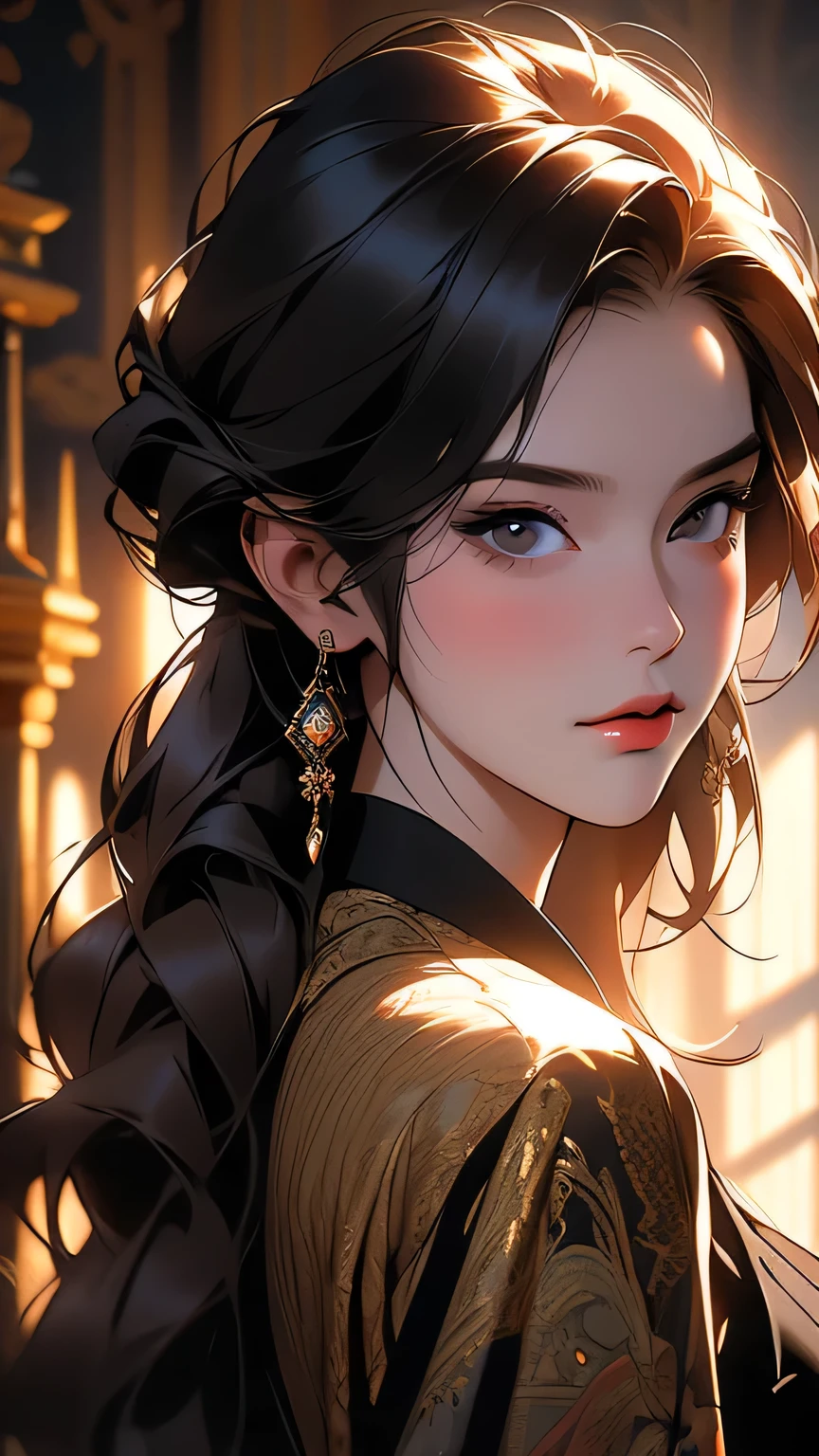 A Young and Complex Woman in the Royal Palace, art：Ivan Aivazovsky, Wide-angle lens/2.8, Extremely insane high resolution complex textures, Texture Indentation, The perfect perspective, Perfect Geometry, Great ambient lighting, Unusual surrounding shadows, Luminousism, Ultra-detailed busy background, Tessellation, Maximalism, perfectionism, IPA Award winning masterpiece, masterpiece, 最high quality, high quality, High resolution, (Upper body portrait)
