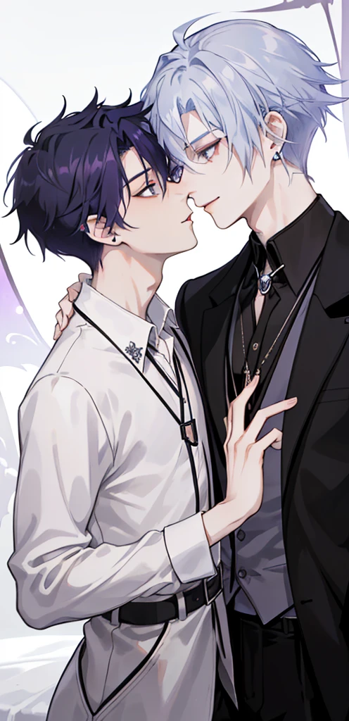 masterpiece, top-quality, 2Others, Male couple, 1 man and 1,, Adults, Height difference, different fashion, different color, finely eye and detailed face, intricate detailes, Casual clothing, Oversized shirt, Modern urban streets, A smile, Happiness, tenderness, queers, high-level image quality、 Two beautiful men、tall、The upper part of the body、nightfall、nighttime scene、𝓡𝓸𝓶𝓪𝓷𝓽𝓲𝓬、Two Men Kissing, Korean Male, Idol Photos, k pop, Professional Photos, Vampires, Korean fashion in black and white, Fedoman with necklace, inspired by Sim Sa-jeong, androgynous vampire, :9 detailed face: 8, extra detailed face, detailed punk hair, ((eyes are brown)) baggy eyes, Seductive. Highly detailed, semi realistic anime, Vampires, hyperrealistic , delicate androgynous prince, imvu, short hair above the ears, Man with short hair, Purple-haired man with a glaring expression and a man with light blue hair with a gentle expression, With a short-haired man with bright purple hair, Man with light blue hair, kiss together, Kissing each other,