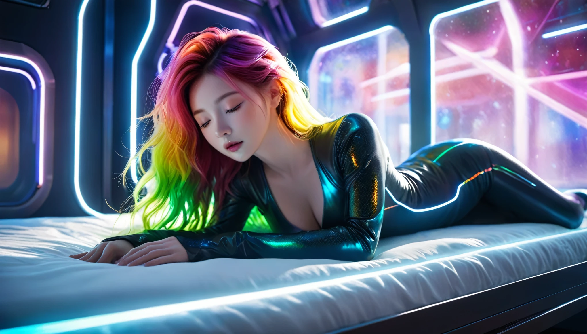 (best quality,8k,ultra-detailed:1.2),(CG,CG art,3D rendering),(masterpiece:1.2),（Crawling on the table），（Sexy clothing），(movie lighting,futuristic),(woman lying in bed,sleeping,closed eyes),(large window behind her,tranquil night),(colorful hair:1.5)
