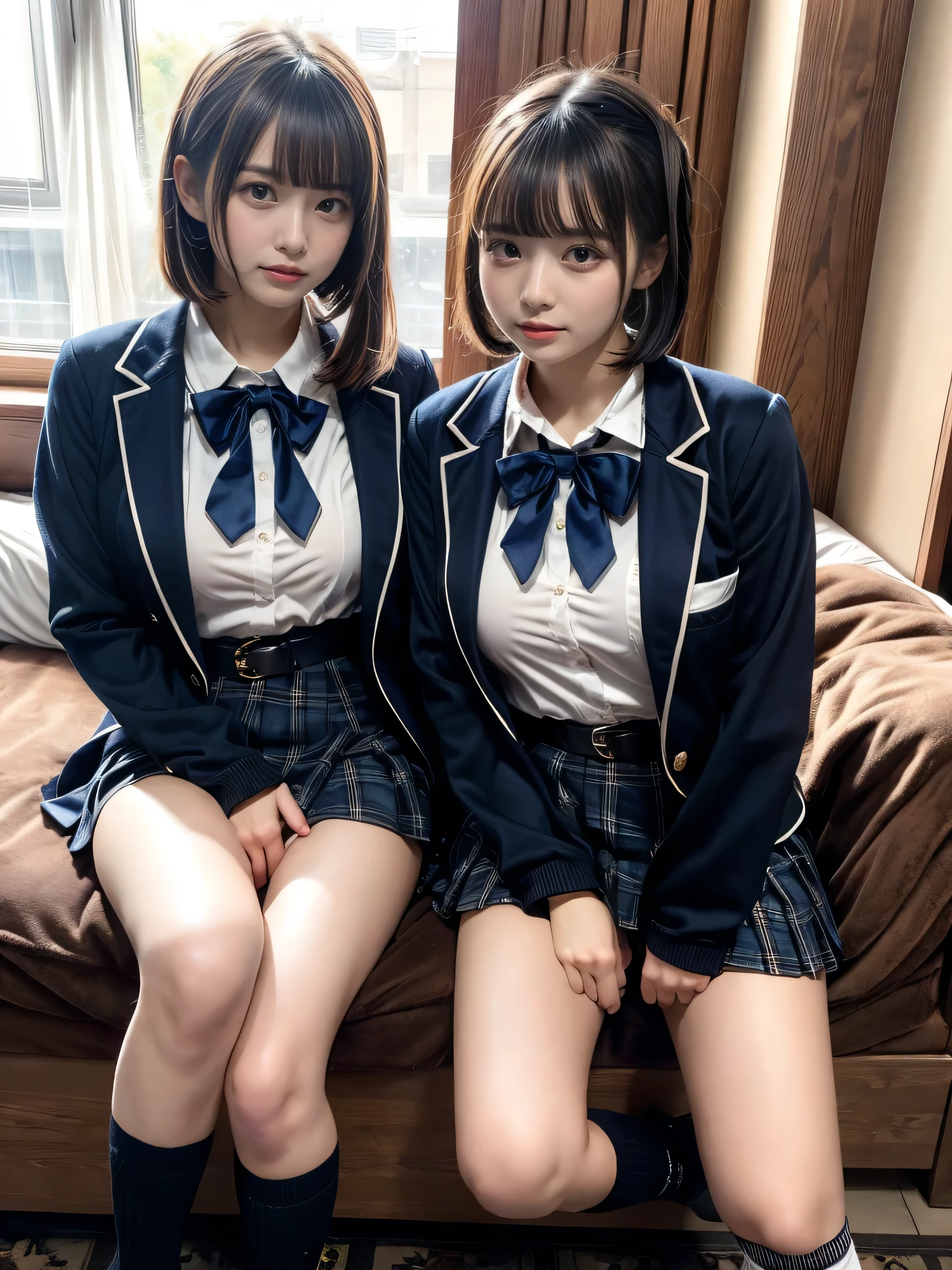 (8K, Raw photography, top-quality, masterpiece:1.2), muster piece, best quality, illustration, Super detailed, fine details, High resolution, 8K,wall paper, perfect dynamic composition,(Details High quality, realistic depiction of eyes:1.3), ((2 girls, 2 schoolgirls)), The background is a luxury hotel room、High school girl uniform、blazer 、Super Short Check Uniform Skirt、Navy blue high socks、garterbelts、Colossal tits、Disturbed uniform, Play with each other,Touching each other's bodies,Touching the body of the girl next door, short bob hair, black hair color, huge breasts, Big Natural Color Lip, bold sexy pose, (perfect body shape), crying a little、cold gaze, Harajuku style、Beautiful makeup,glitter makeup,Cutest 18 years old、 beautiful legs, hposing Gravure Idol, Voluptuous thighs