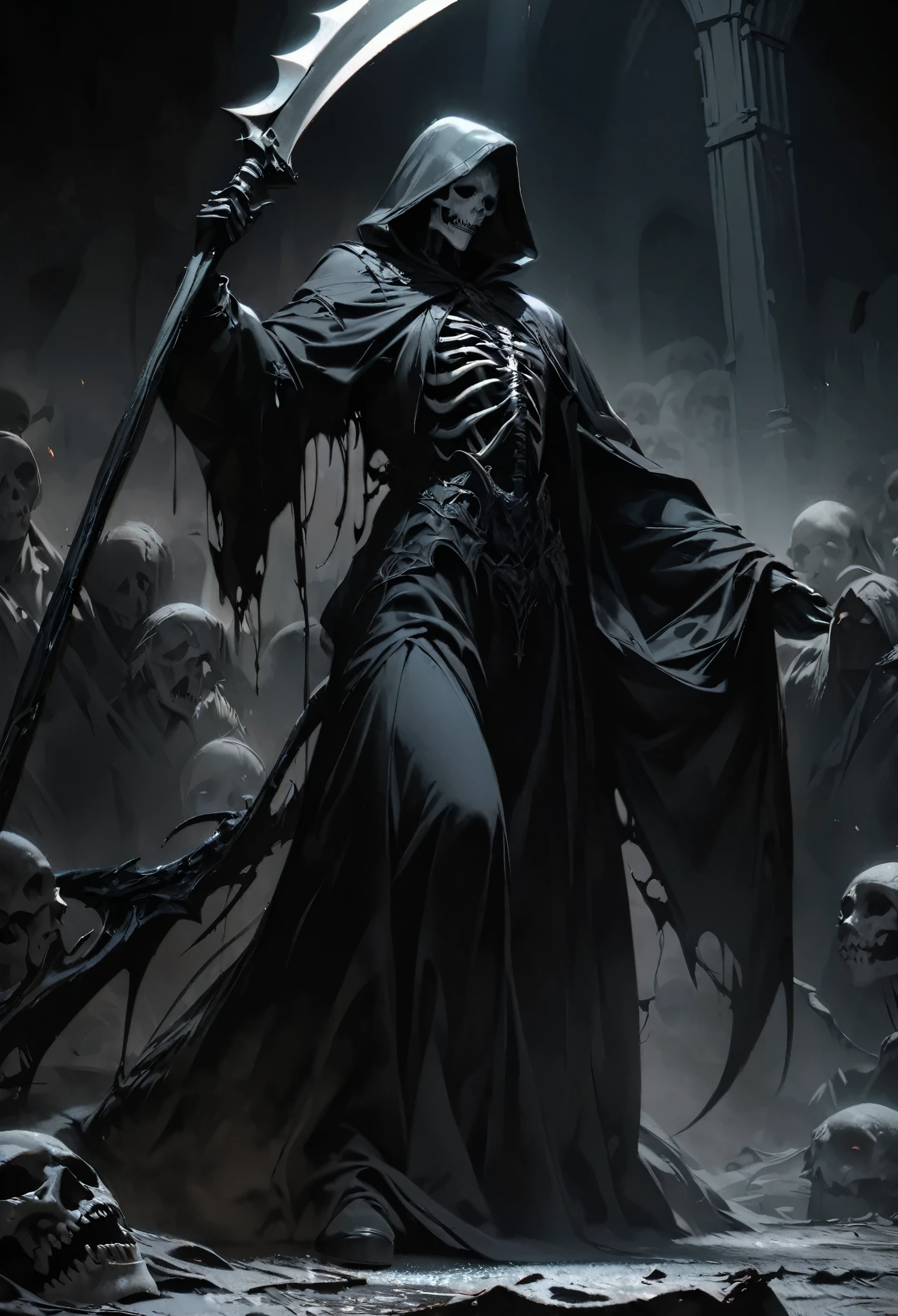 A black grim reaper, oil painting, extremely detailed figure, flowing black robe and hood, striking skeletal face with hollowed eyes and sharp teeth, holding a scythe with a long, curved blade, (scythe), surrounded by a misty graveyard, moonlight illuminating the scene, dark and eerie atmosphere, high contrast between light and shadow, dramatic lighting. (best quality, 4k, high-res, masterpiece), ultra-detailed, realistic, gothic art style, desaturated colors with hints of deep purple and blue, strong chiaroscuro effect, black color schemes