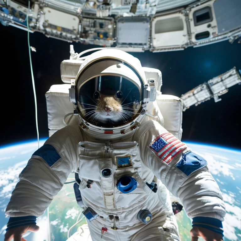 Astronaut Hamster:A hamster in a spacesuit hovers in space on the International Space Station。