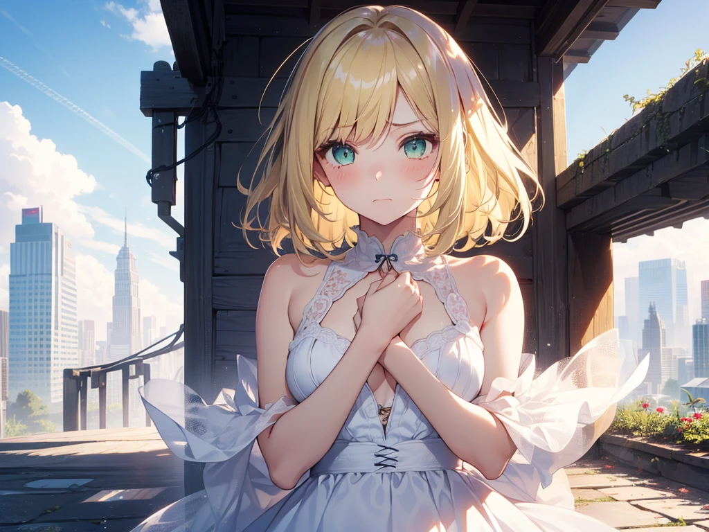White Dress、Bright green eyes, Beautiful eyes in every detail、 iris、Shining Eyes, (((Blond fluffy hair)))、(((((One Girl))))),Multicolored Hair、Inner Color、20歳woman、Short Hair、1 girl、(((Embarrassed look)))、Beautiful sky、8k background、Center of chest、whole body、woman、Sleeveless、Beautiful background